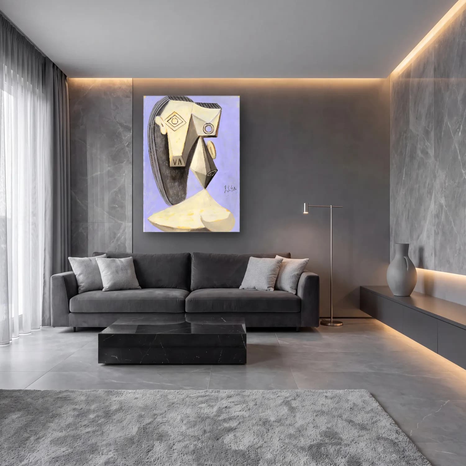 Modern Soyut Yüz No. 22 cam tablo — lüks salon duvarında