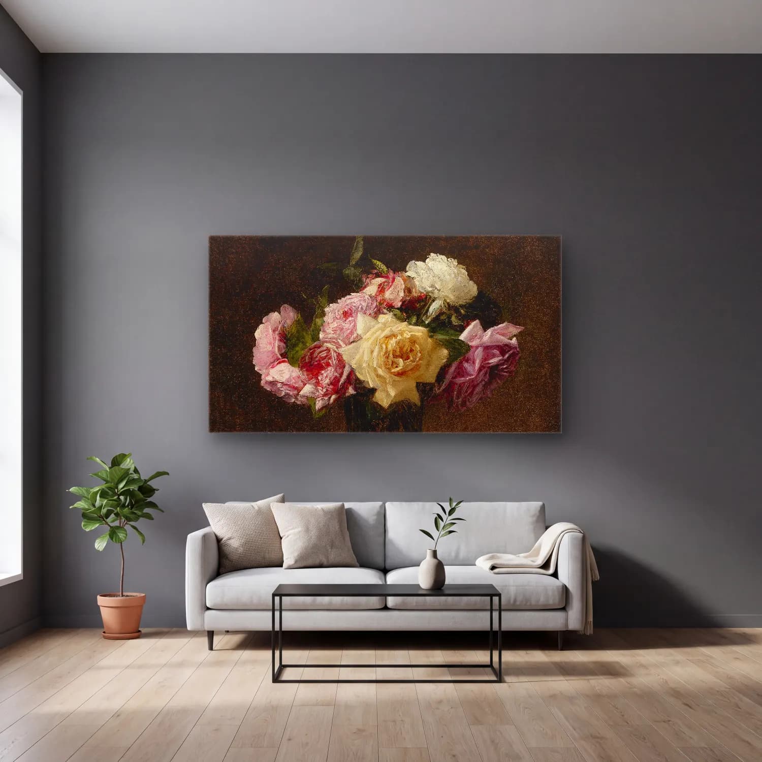 Henri Fantin-Latour – Roses cam tablo — gri duvarlı salonda