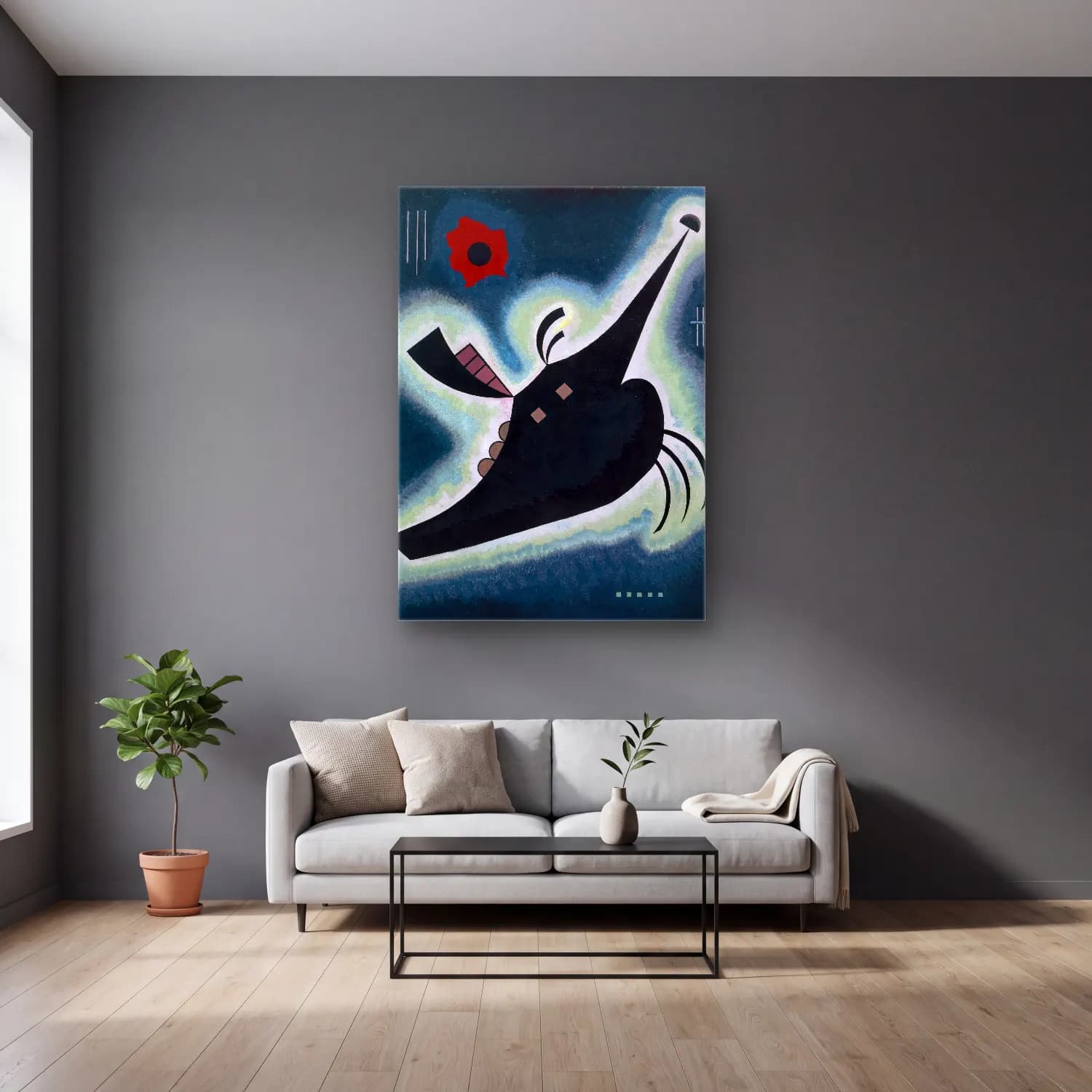 Wassily Kandinsky – Pointy black cam tablo — gri duvarlı salonda