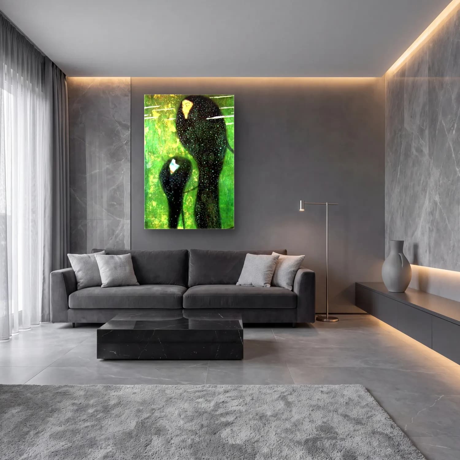 Modern Soyut Anne ve Çocuk – Yeşil Tonlar cam tablo — lüks salon duvarında
