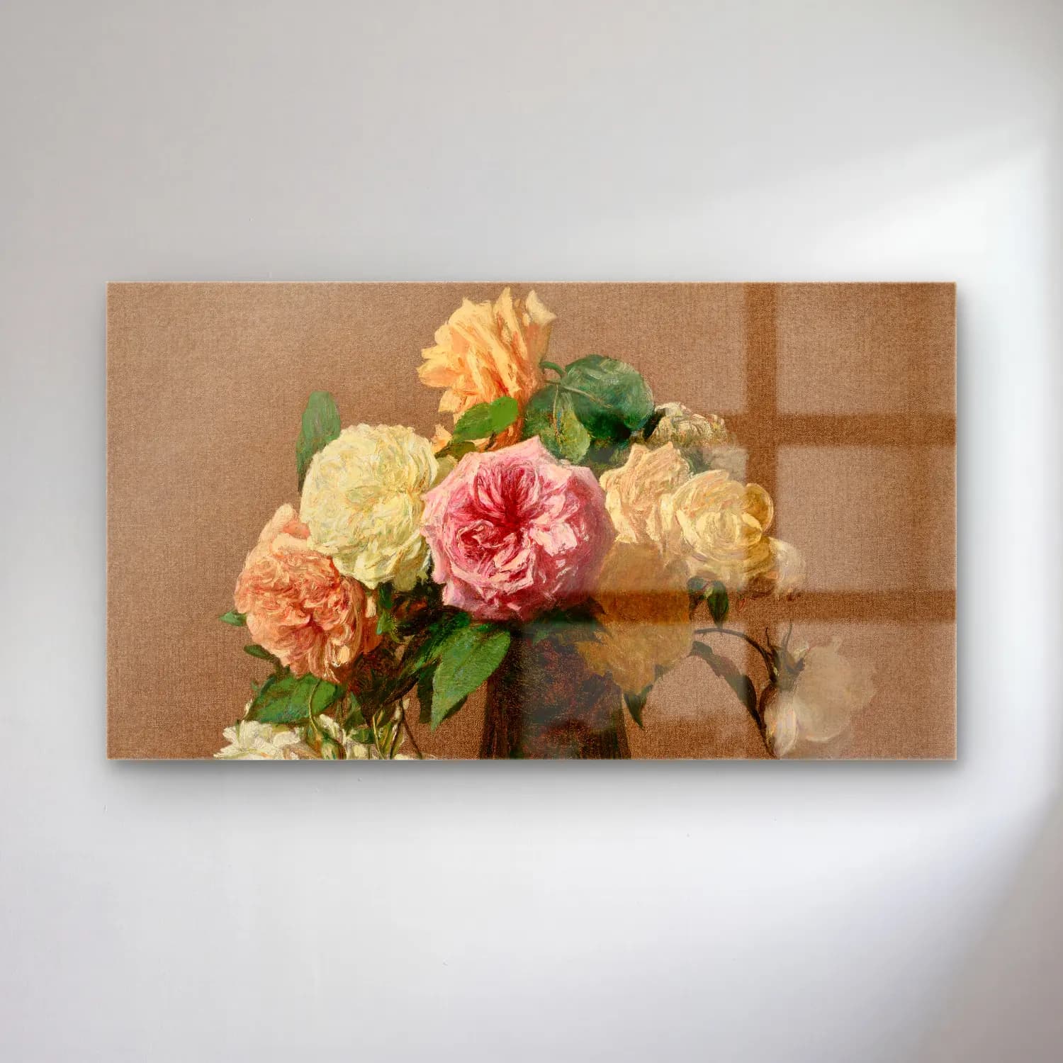 Henri Fantin-Latour – Roses – Bej Tonlar cam tablo — Henri Fantin-Latour – Roses – Bej Tonlar — empresyonist vazoda çiçek buketi