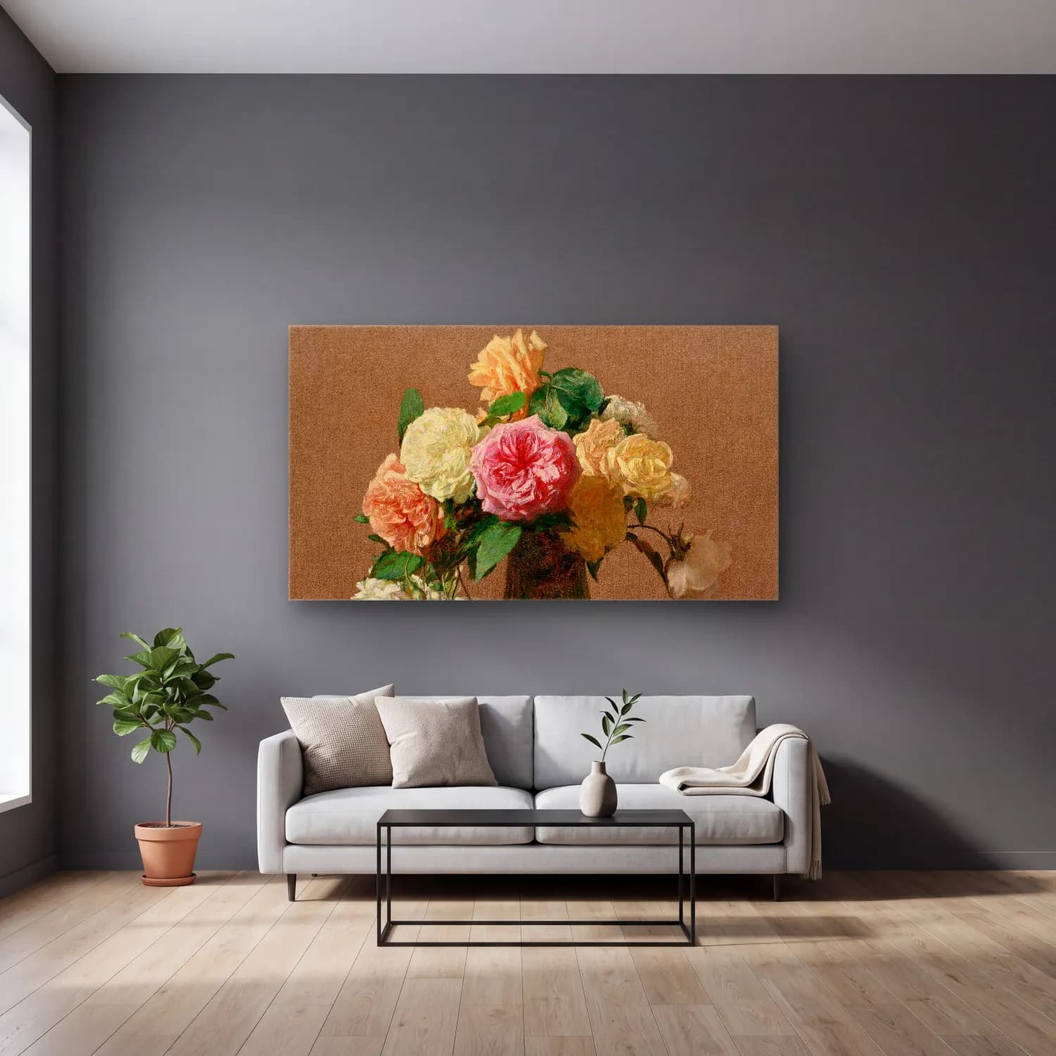 Henri Fantin-Latour – Roses – Bej Tonlar cam tablo — gri duvarlı salonda