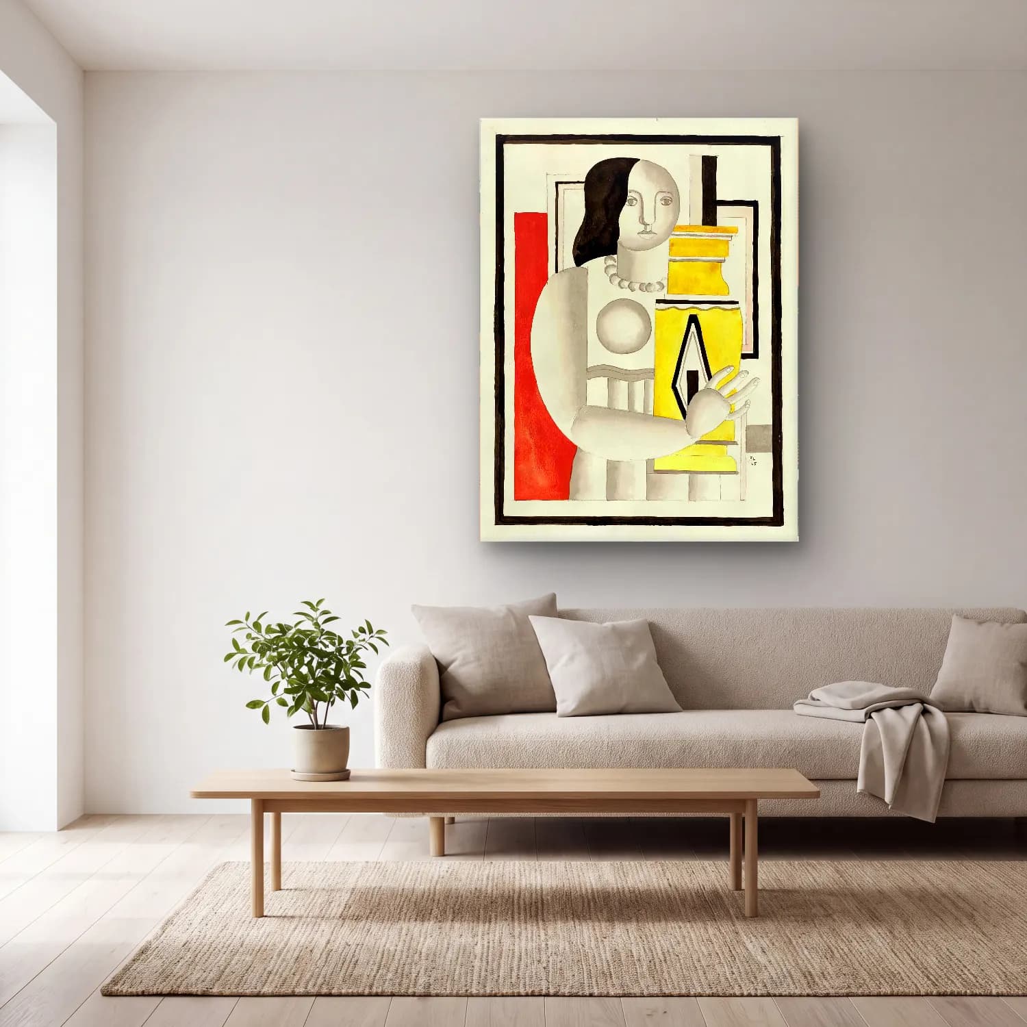 Bauhaus Kadın Portresi – Sarı Tonlar cam tablo — açık renk salonda