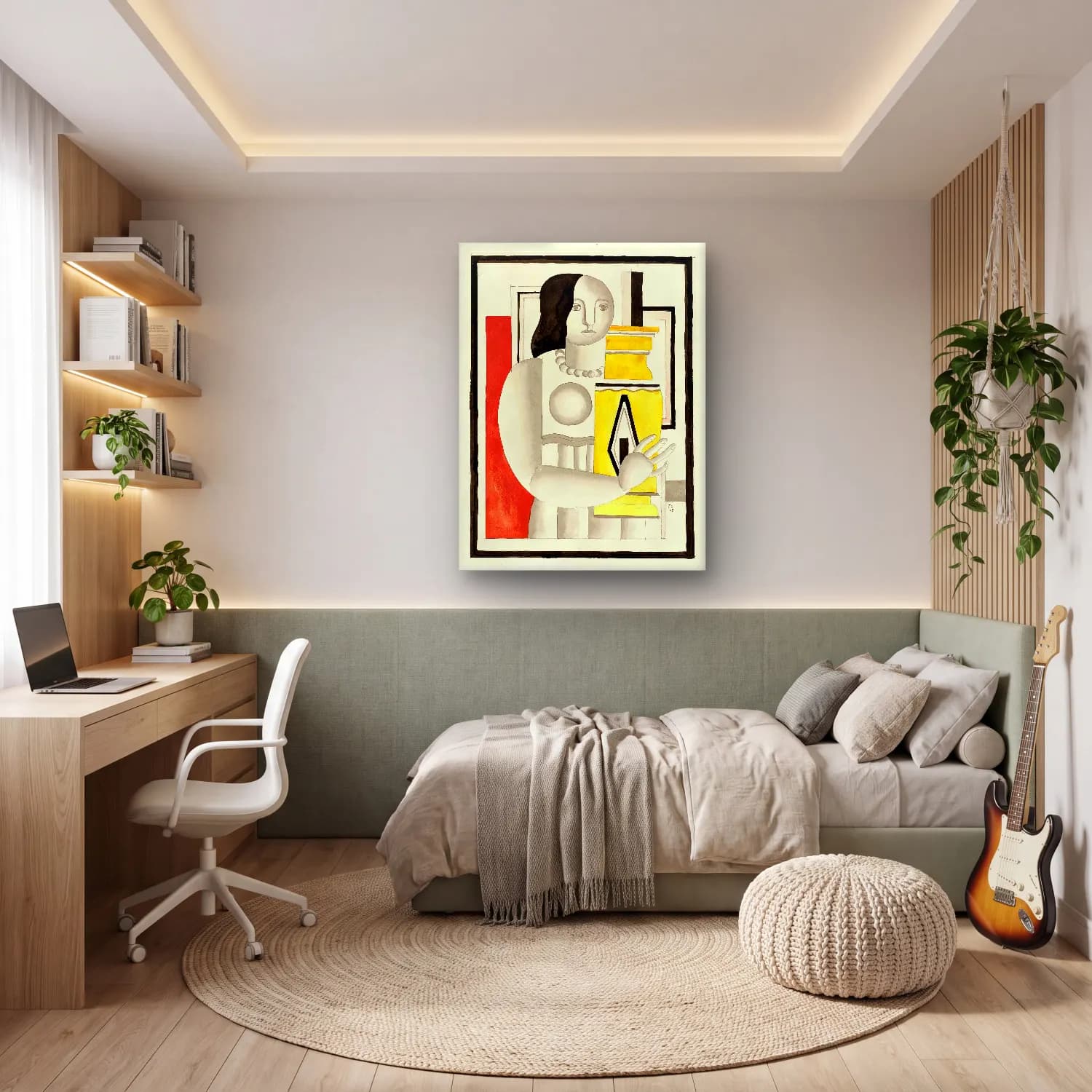 Bauhaus Kadın Portresi – Sarı Tonlar cam tablo — genç odasında