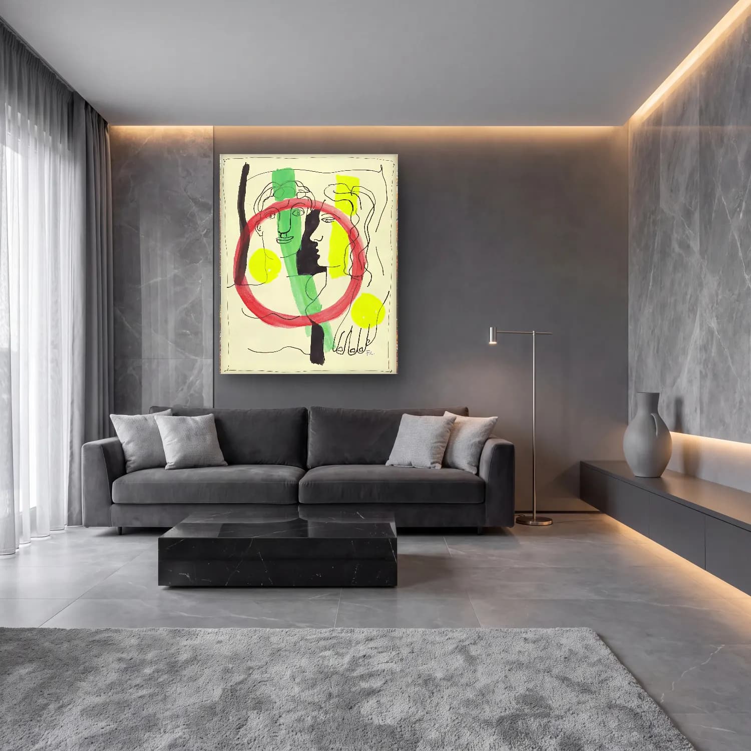 Bauhaus Çizgi Yüz – Sarı Tonlar cam tablo — lüks salon duvarında