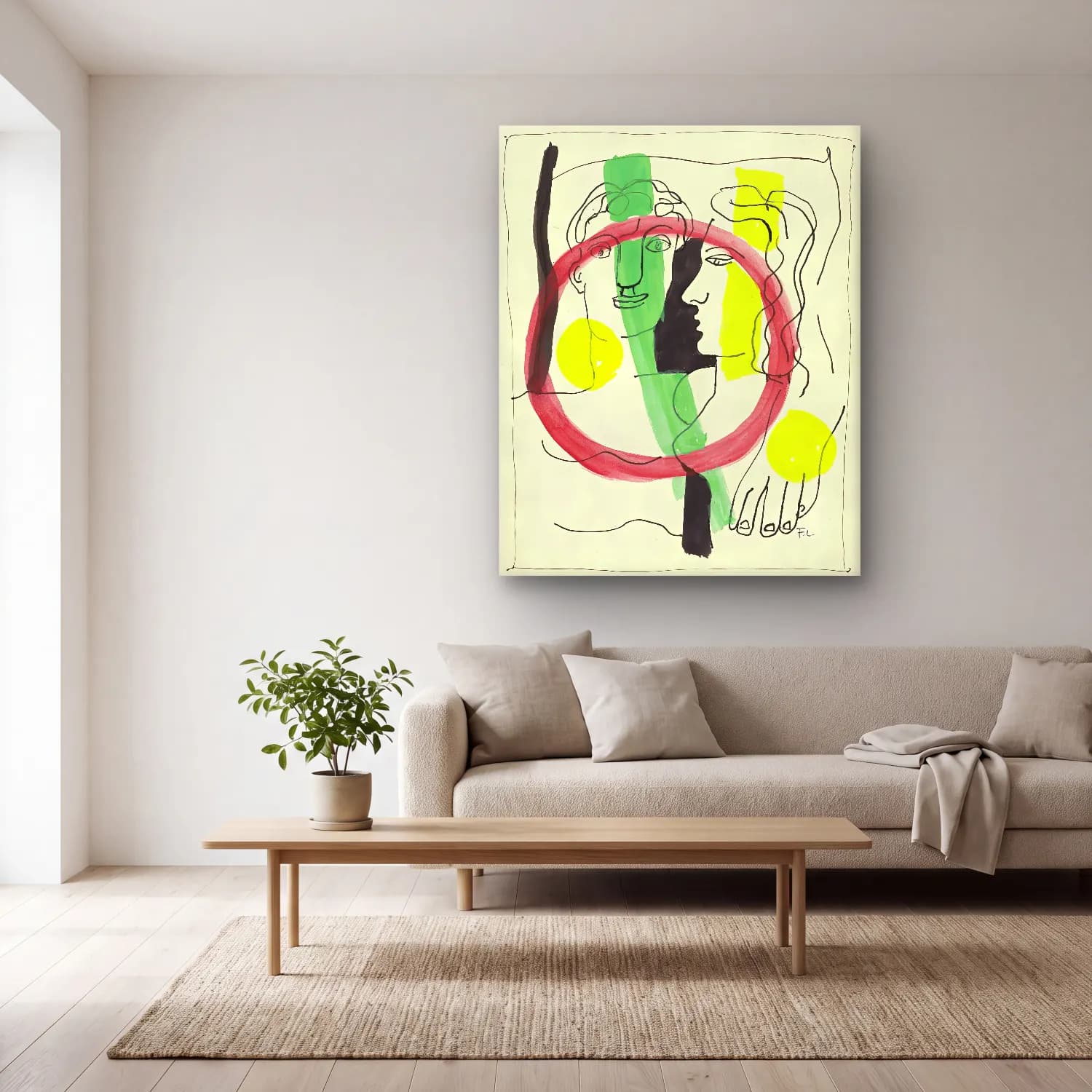 Bauhaus Çizgi Yüz – Sarı Tonlar cam tablo — açık renk salonda
