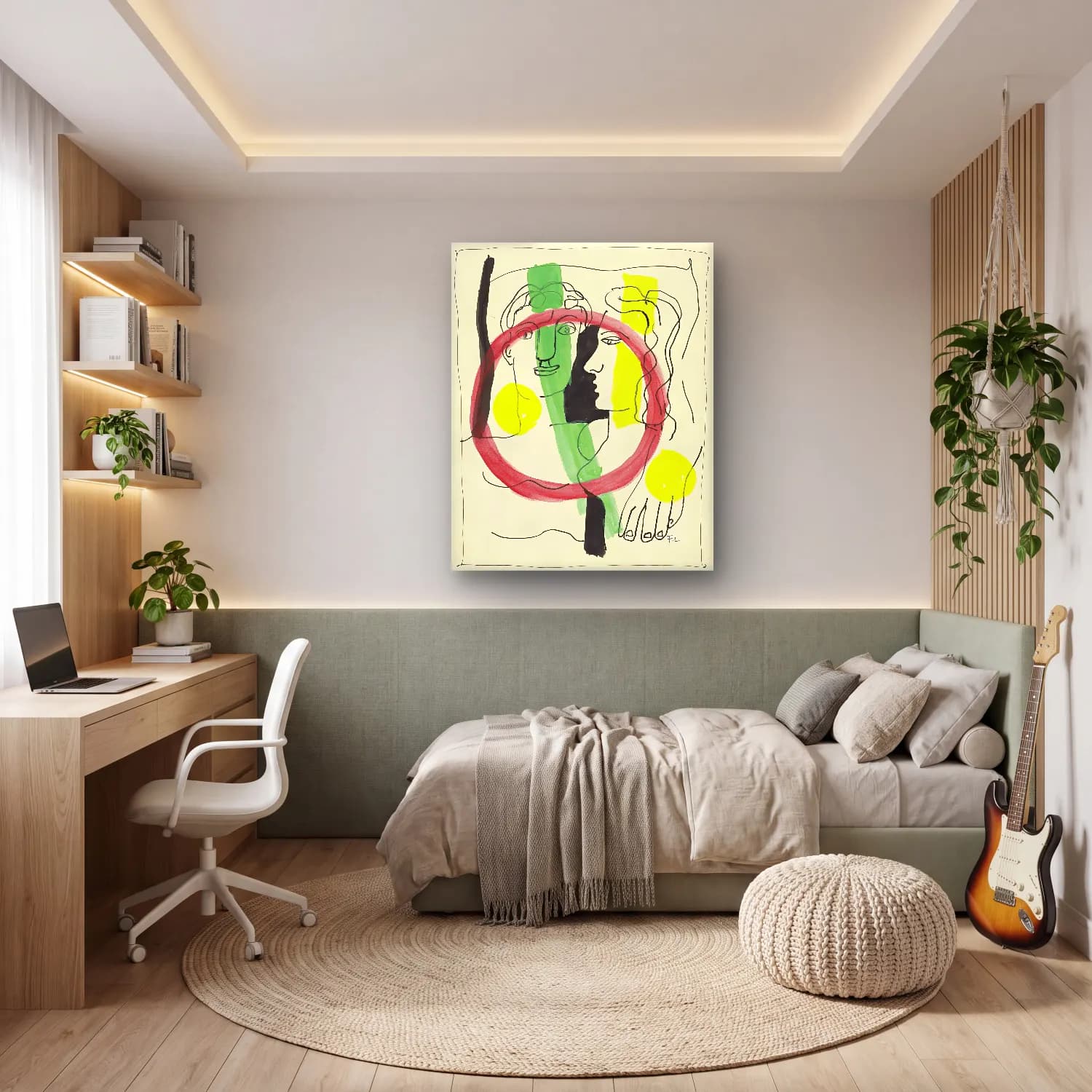 Bauhaus Çizgi Yüz – Sarı Tonlar cam tablo — genç odasında