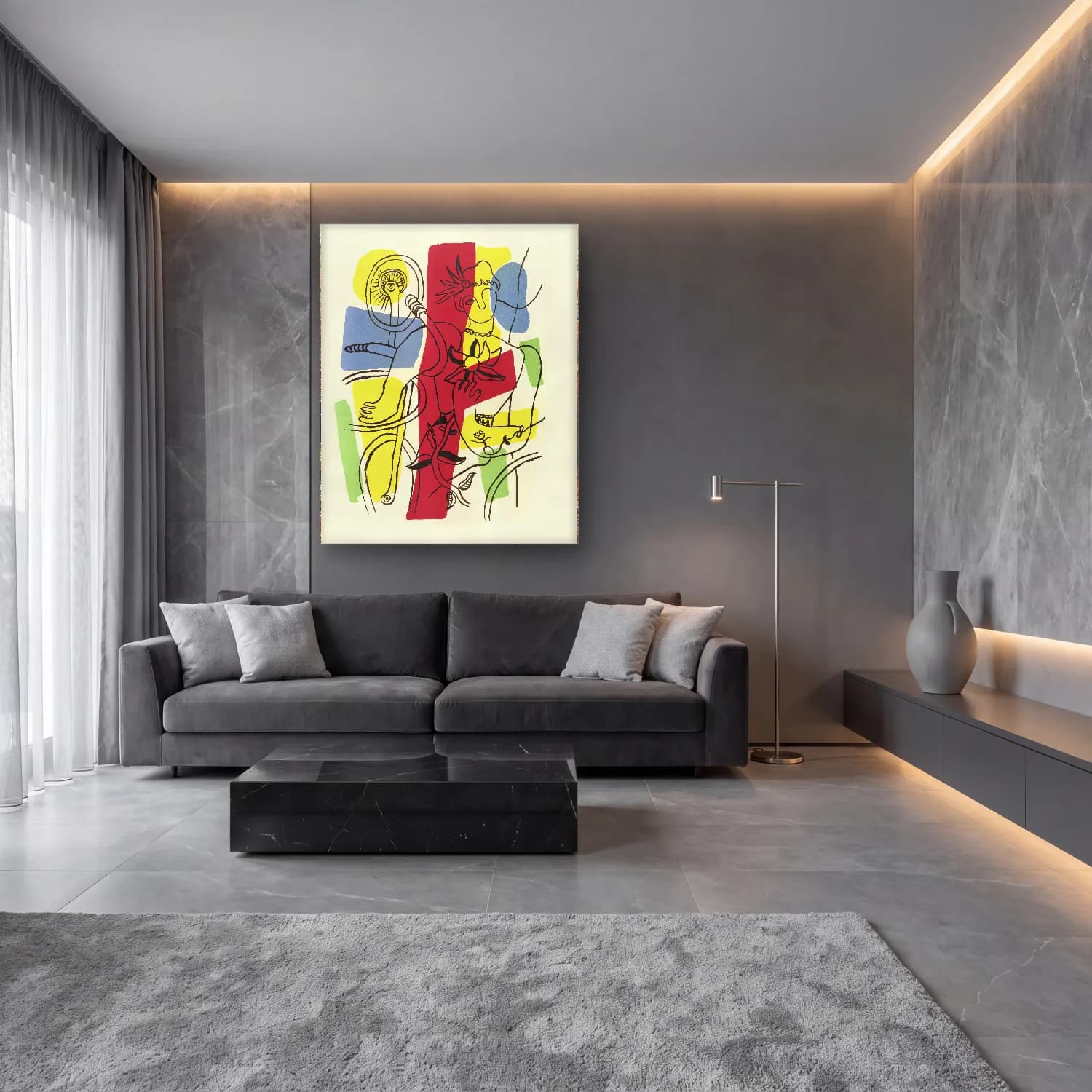 Modern Soyut Formlar No. 71 cam tablo — lüks salon duvarında