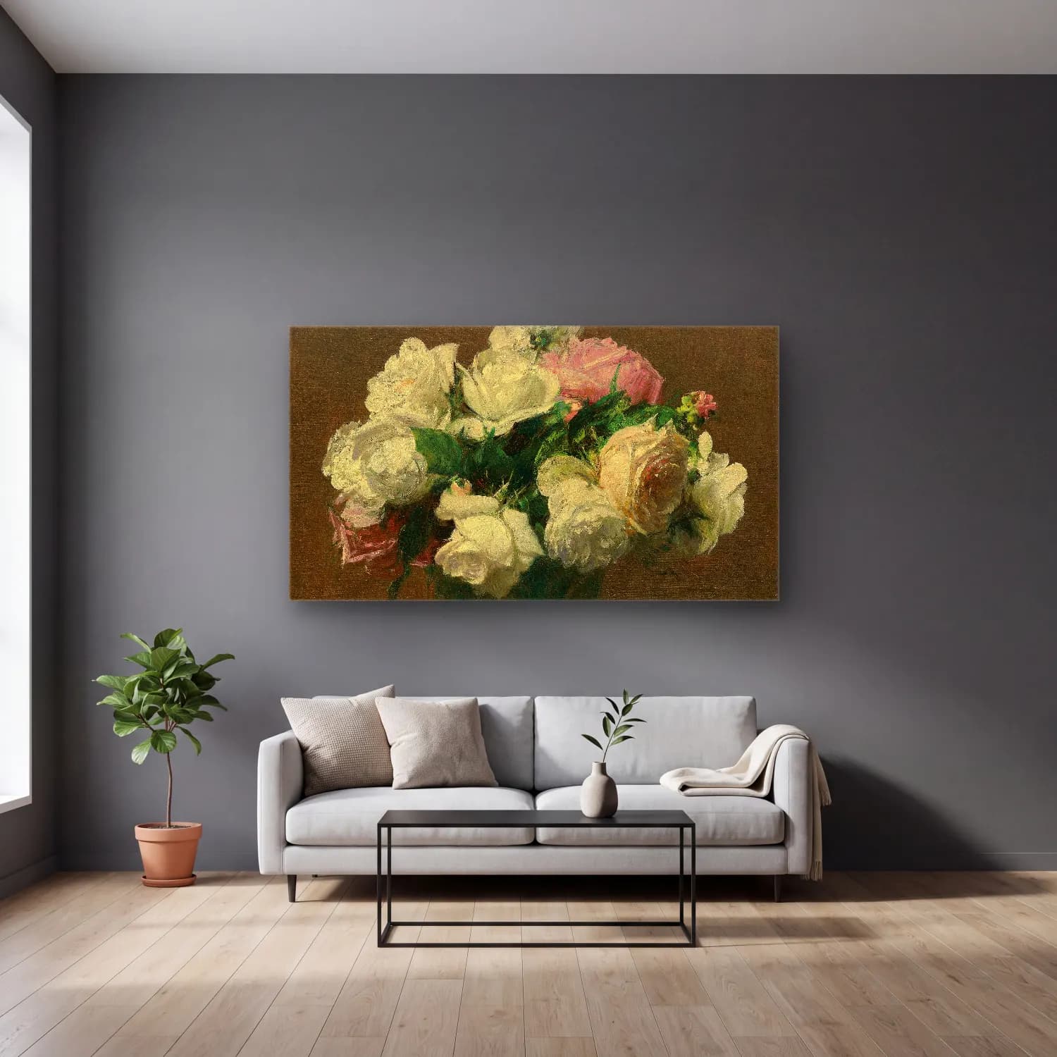 Henri Fantin-Latour – Roses No. 4 cam tablo — gri duvarlı salonda