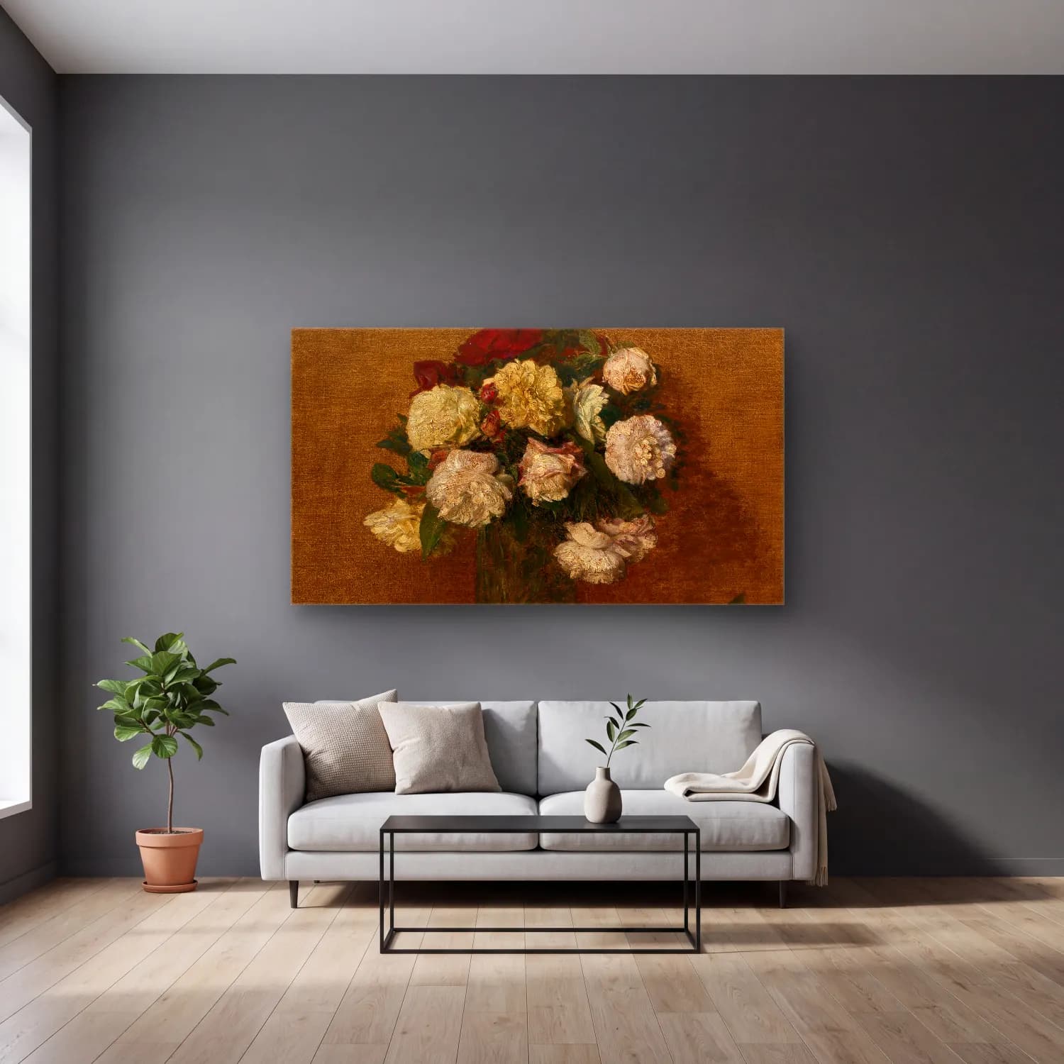 Henri Fantin-Latour – Roses In A Vase cam tablo — gri duvarlı salonda