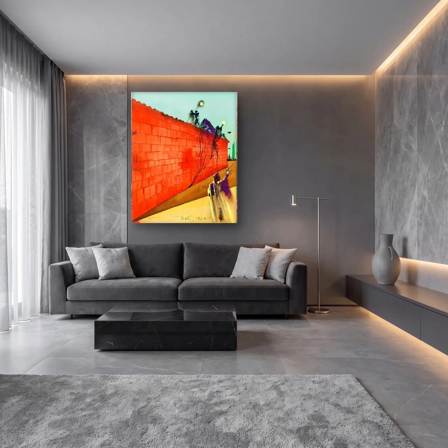 Modern Soyut Mitolojik Sahne – Kırmızı Tonlar cam tablo — lüks salon duvarında