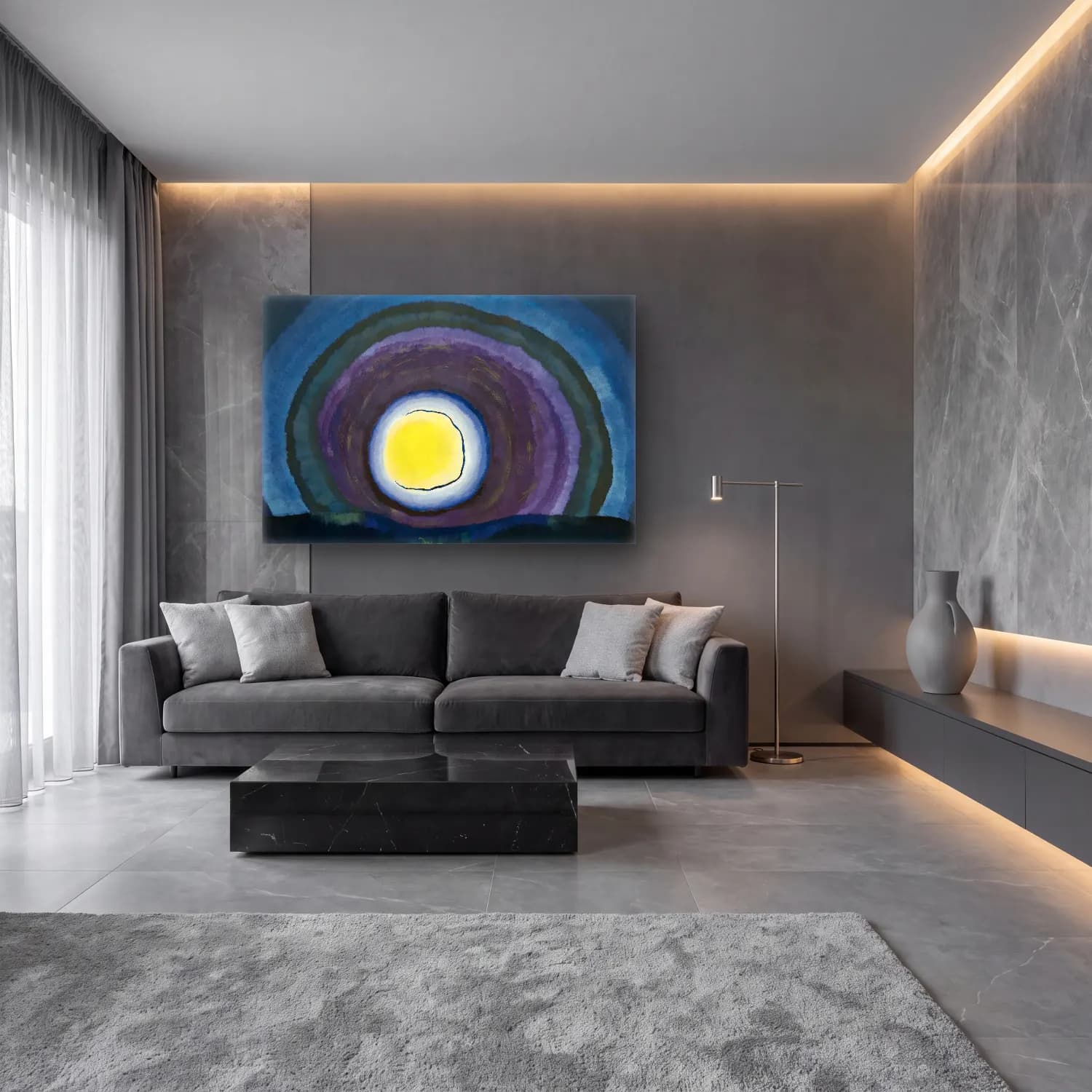 Modern Soyut Ay ve Gece cam tablo — lüks salon duvarında