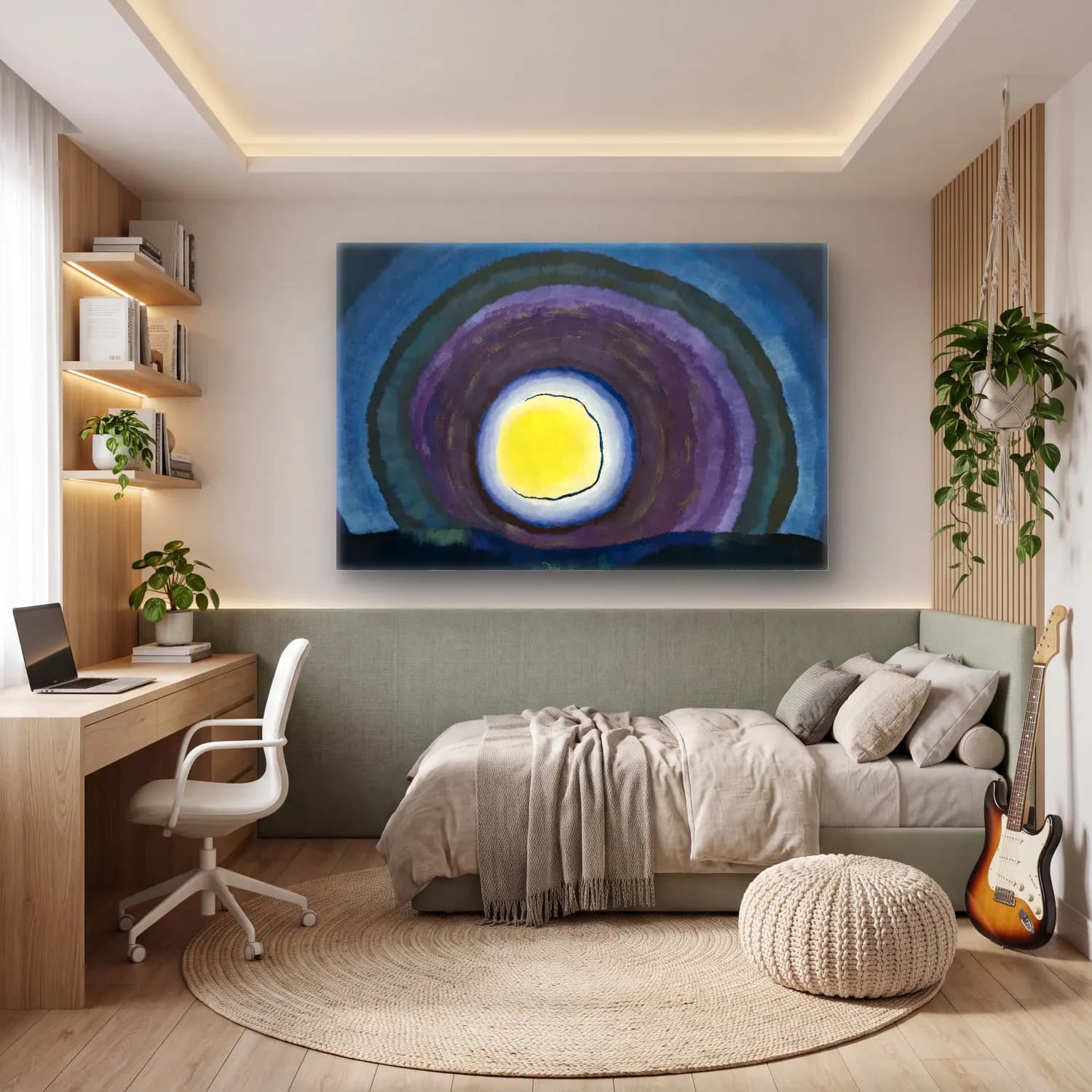 Modern Soyut Ay ve Gece cam tablo — genç odasında