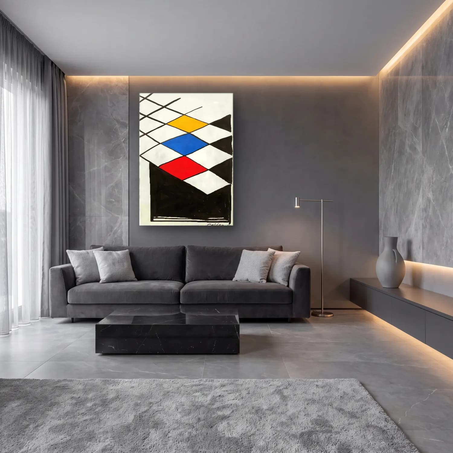 Modern Soyut Dama Deseni No. 19 cam tablo — lüks salon duvarında
