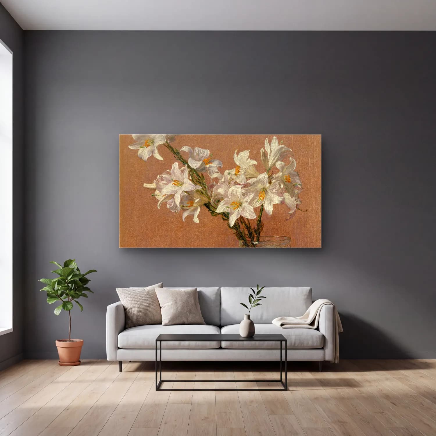 Henri Fantin-Latour – Roses and Lilies cam tablo — gri duvarlı salonda