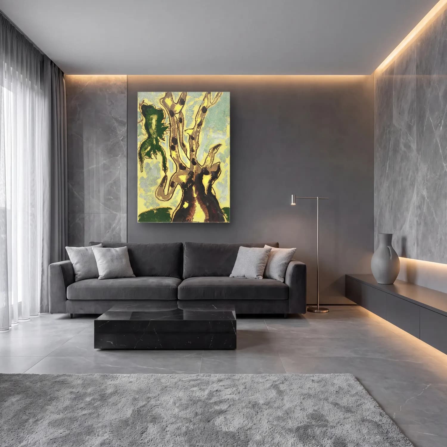 Modern Soyut Zeytin Dalı – Yeşil Tonlar cam tablo — lüks salon duvarında