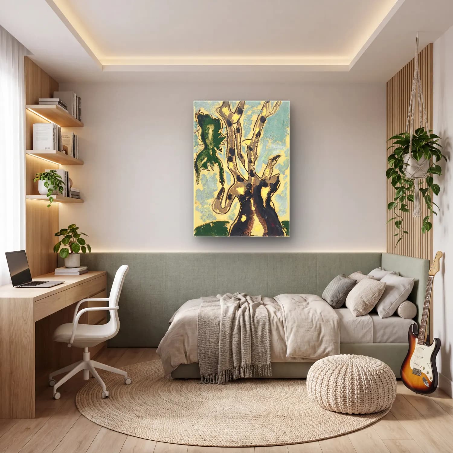Modern Soyut Zeytin Dalı – Yeşil Tonlar cam tablo — genç odasında