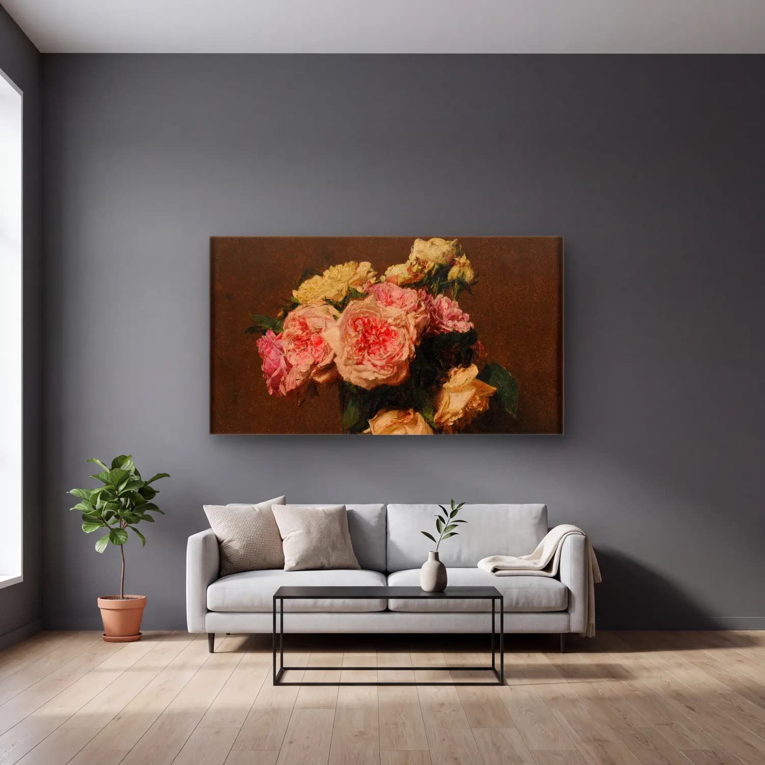 Henri Fantin-Latour – Roses dans un vase de cristal cam tablo — gri duvarlı salonda