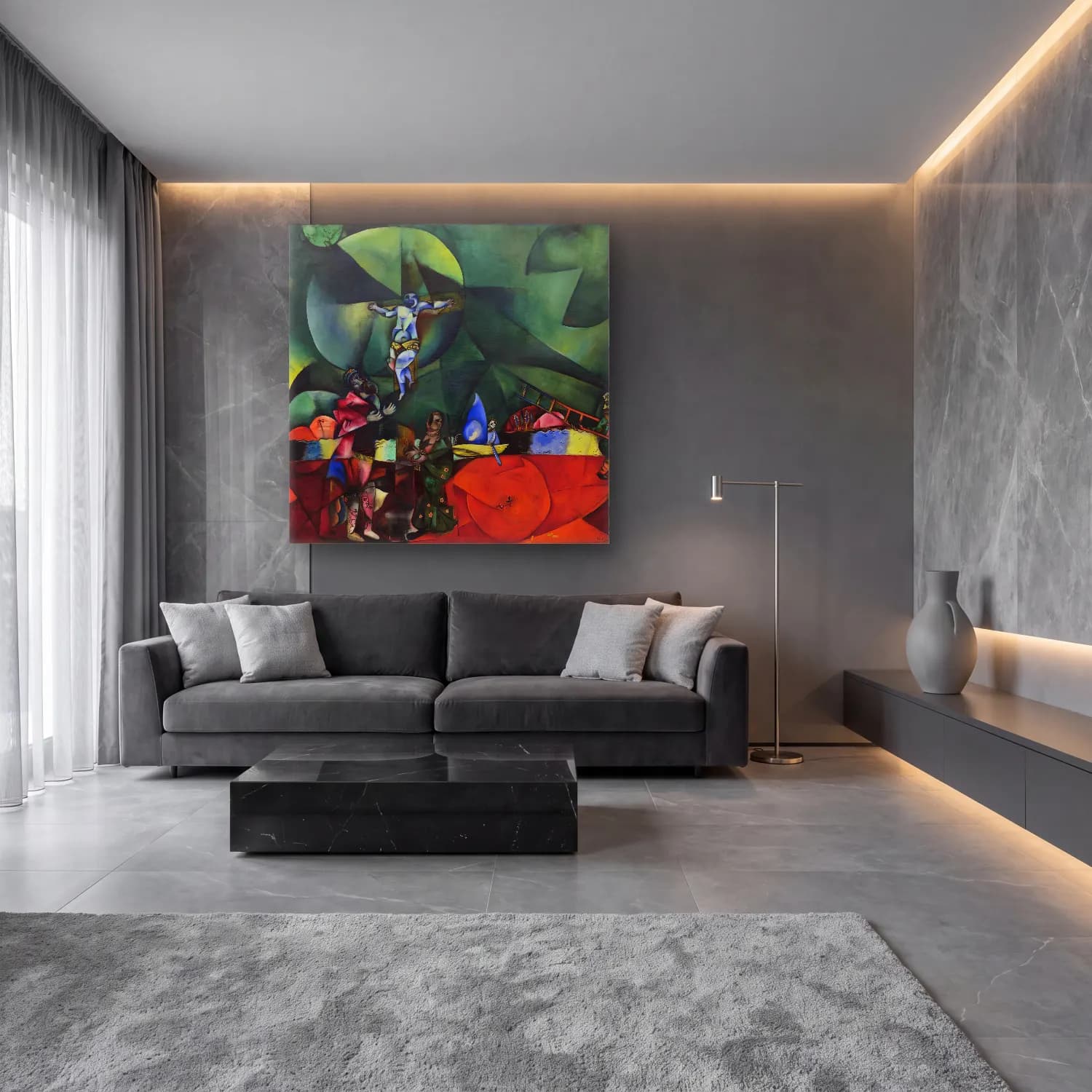 Modern Soyut Dini Sahne cam tablo — lüks salon duvarında