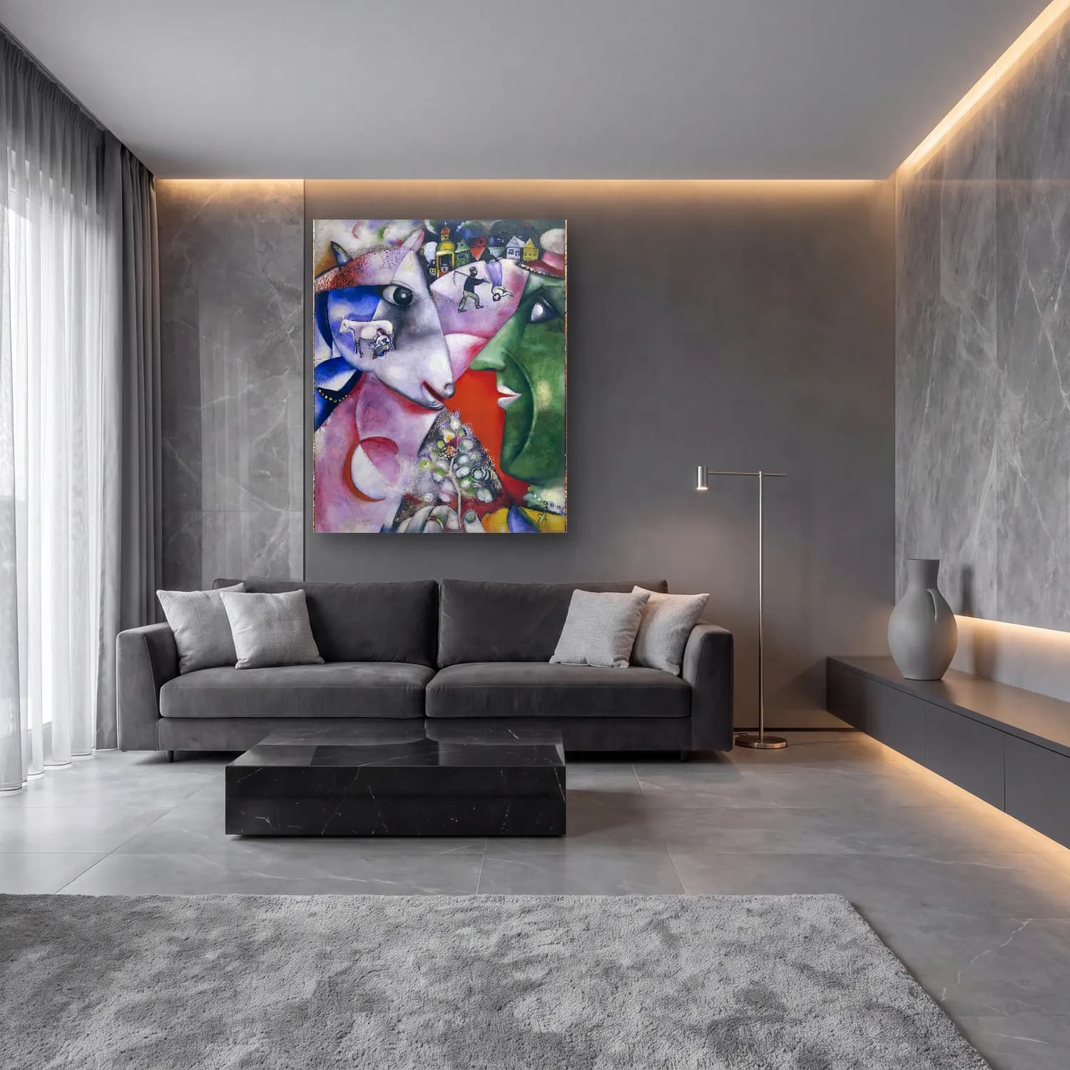 Modern Soyut Koyun cam tablo — lüks salon duvarında