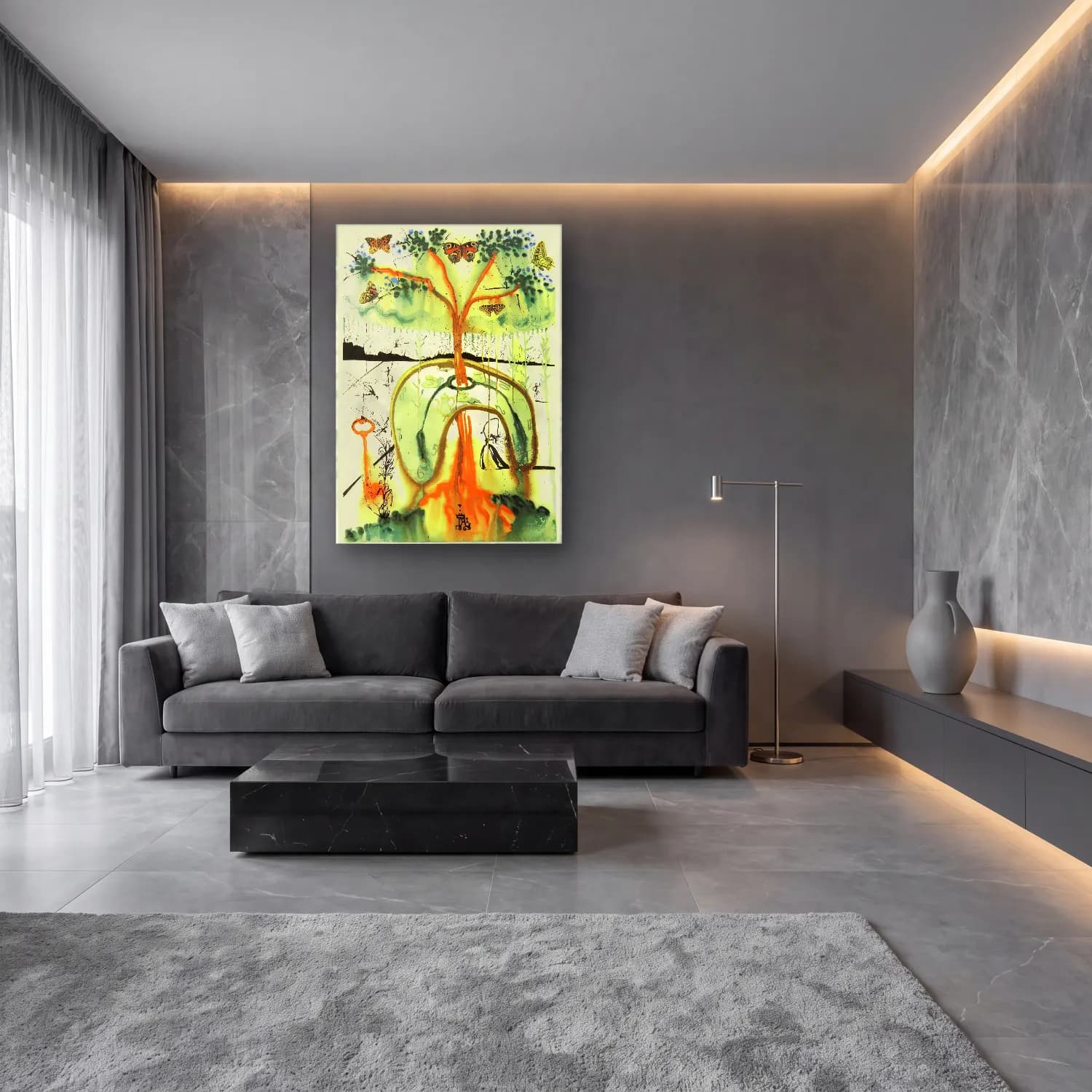 Boho Yalnız Ağaç cam tablo — lüks salon duvarında