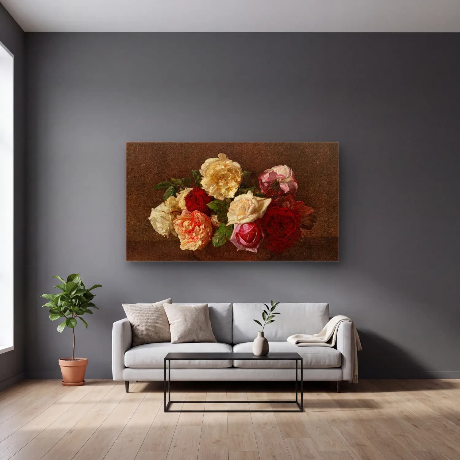 Henri Fantin-Latour – Roses dans une coupe cam tablo — gri duvarlı salonda