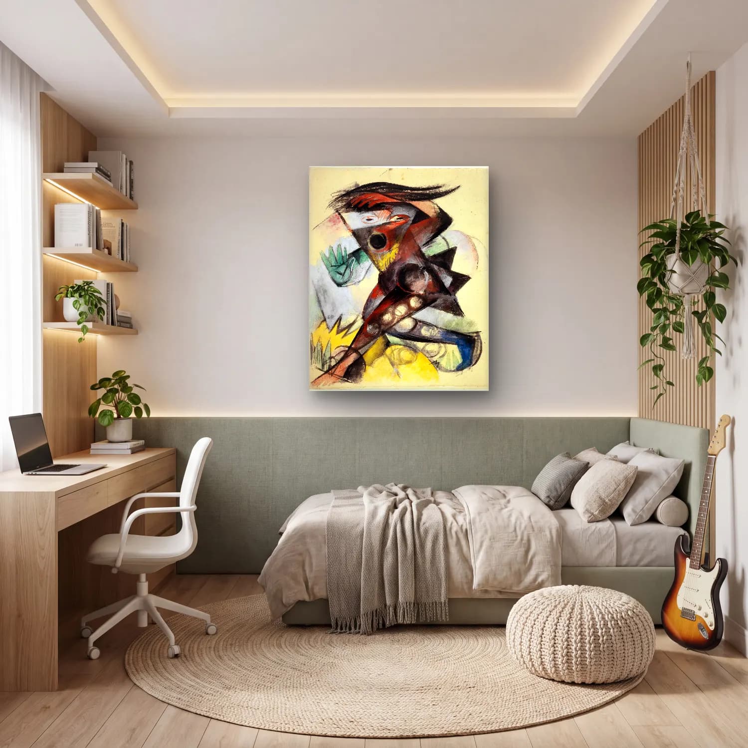 Modern Soyut Yüz No. 28 cam tablo — genç odasında