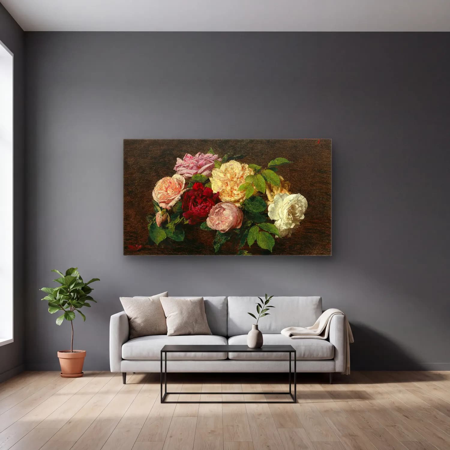 Henri Fantin-Latour – Roses de Nice on a Table cam tablo — gri duvarlı salonda