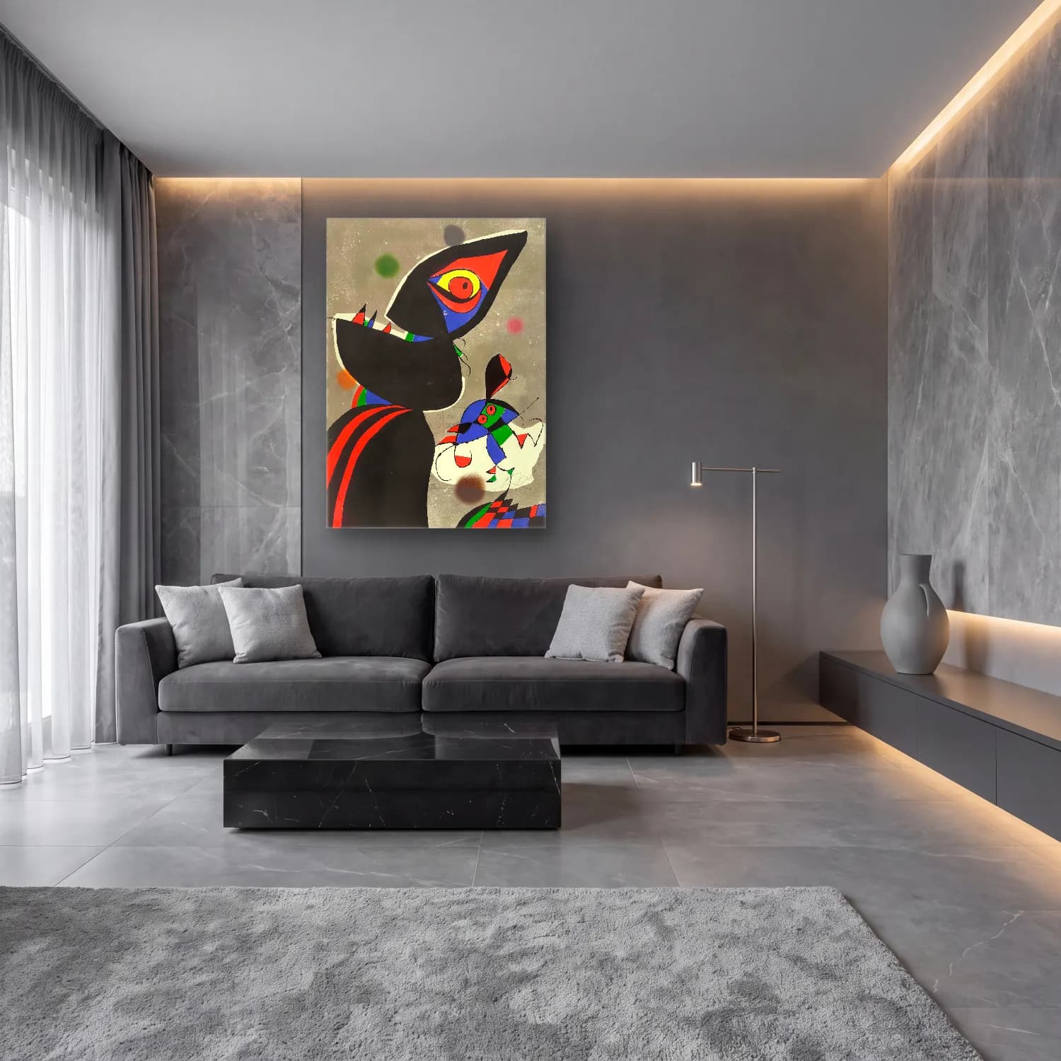 Modern Soyut Yüz No. 36 cam tablo — lüks salon duvarında