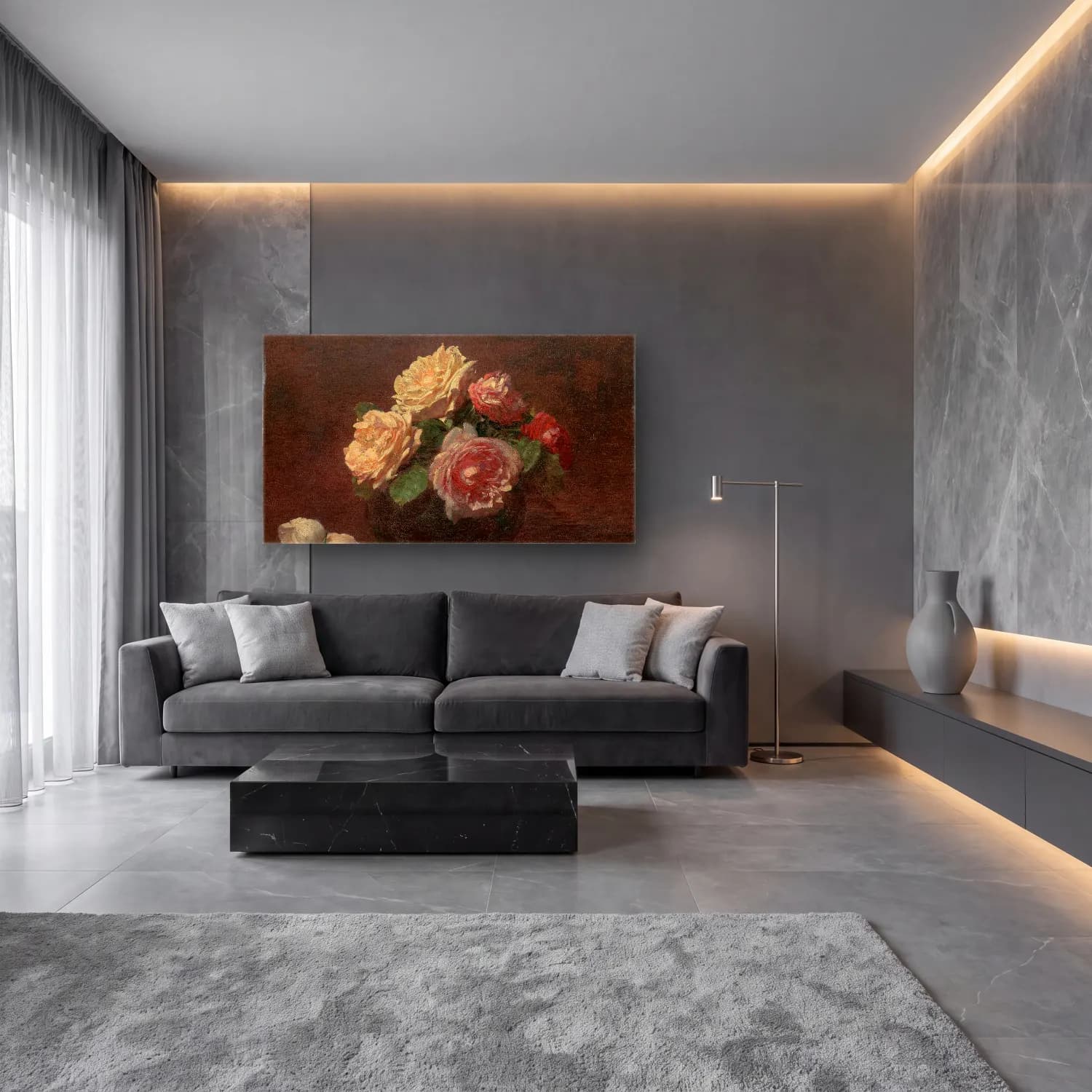 Henri Fantin-Latour – Roses in a Bowl cam tablo — lüks salon duvarında