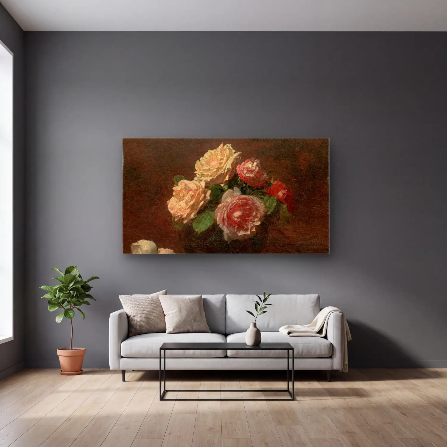 Henri Fantin-Latour – Roses in a Bowl cam tablo — gri duvarlı salonda