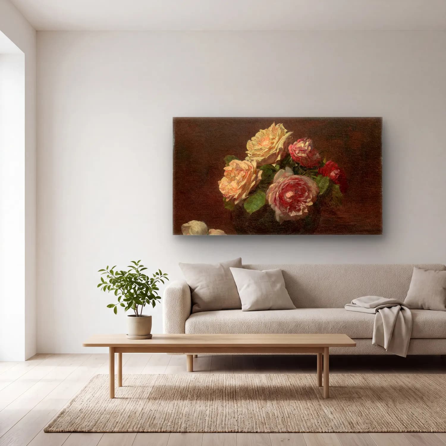 Henri Fantin-Latour – Roses in a Bowl cam tablo — açık renk salonda