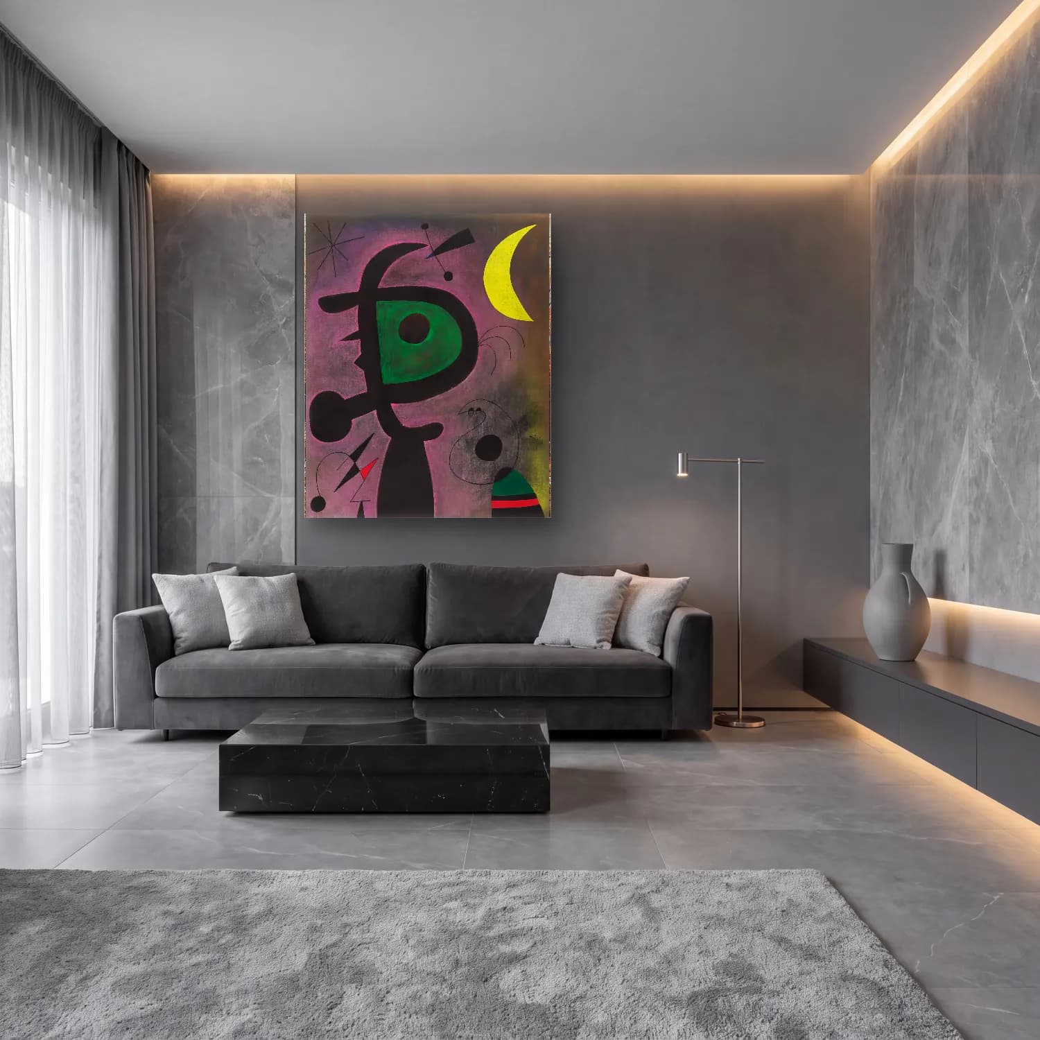 Modern Soyut Ay ve Gece – Yeşil Tonlar cam tablo — lüks salon duvarında