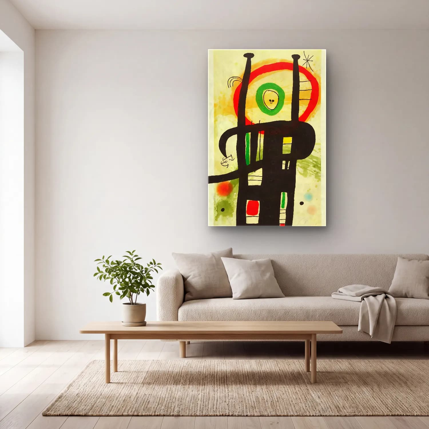 Bauhaus Soyut Yüz No. 17 cam tablo — açık renk salonda
