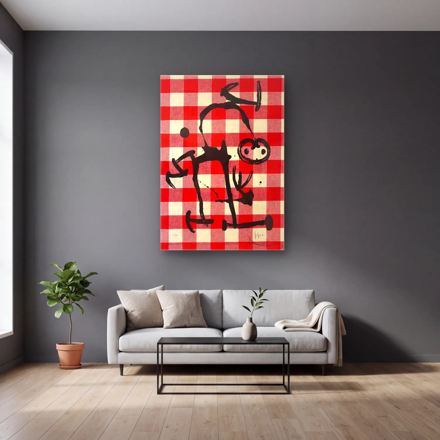 Bauhaus Dama Deseni No. 11 cam tablo — gri duvarlı salonda