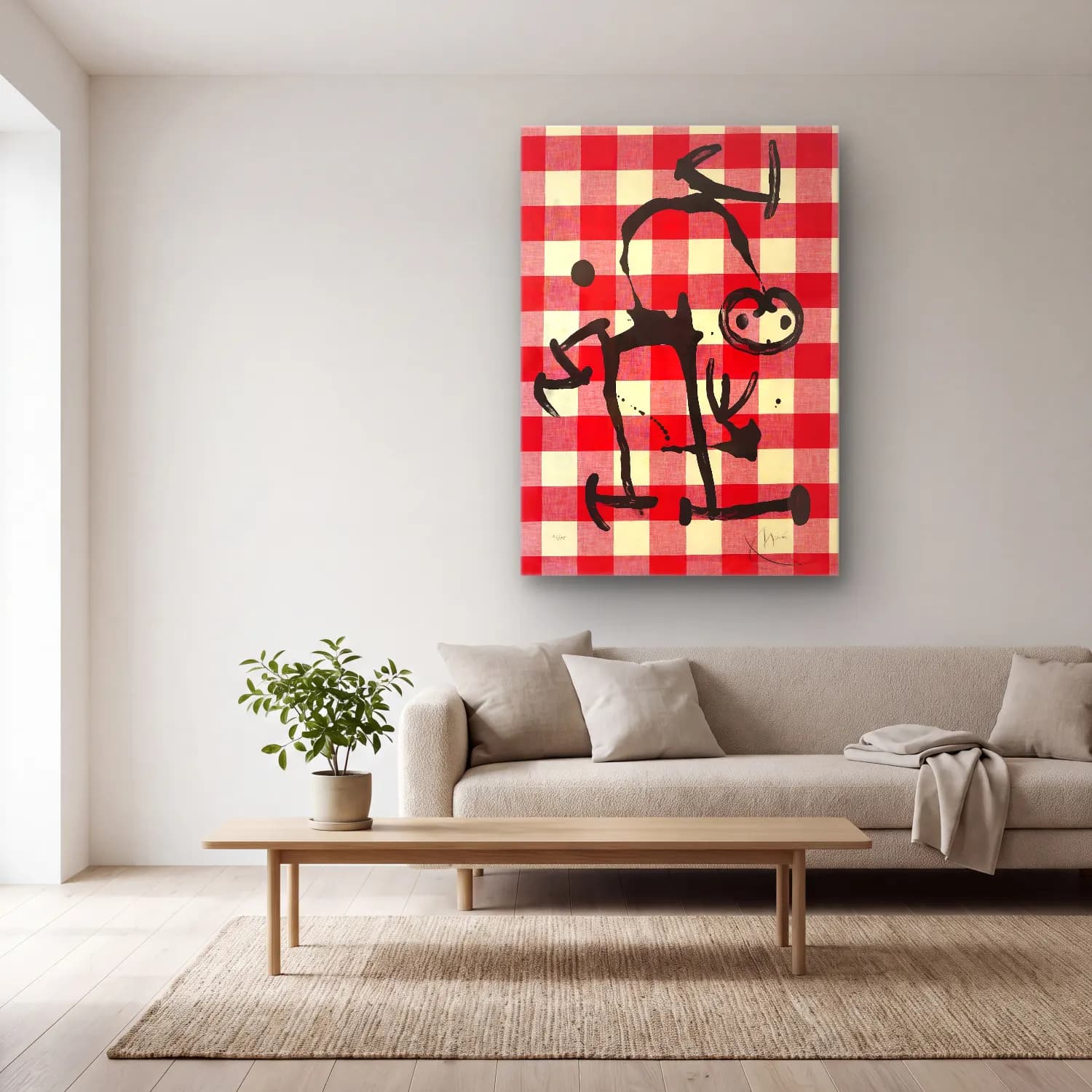 Bauhaus Dama Deseni No. 11 cam tablo — açık renk salonda