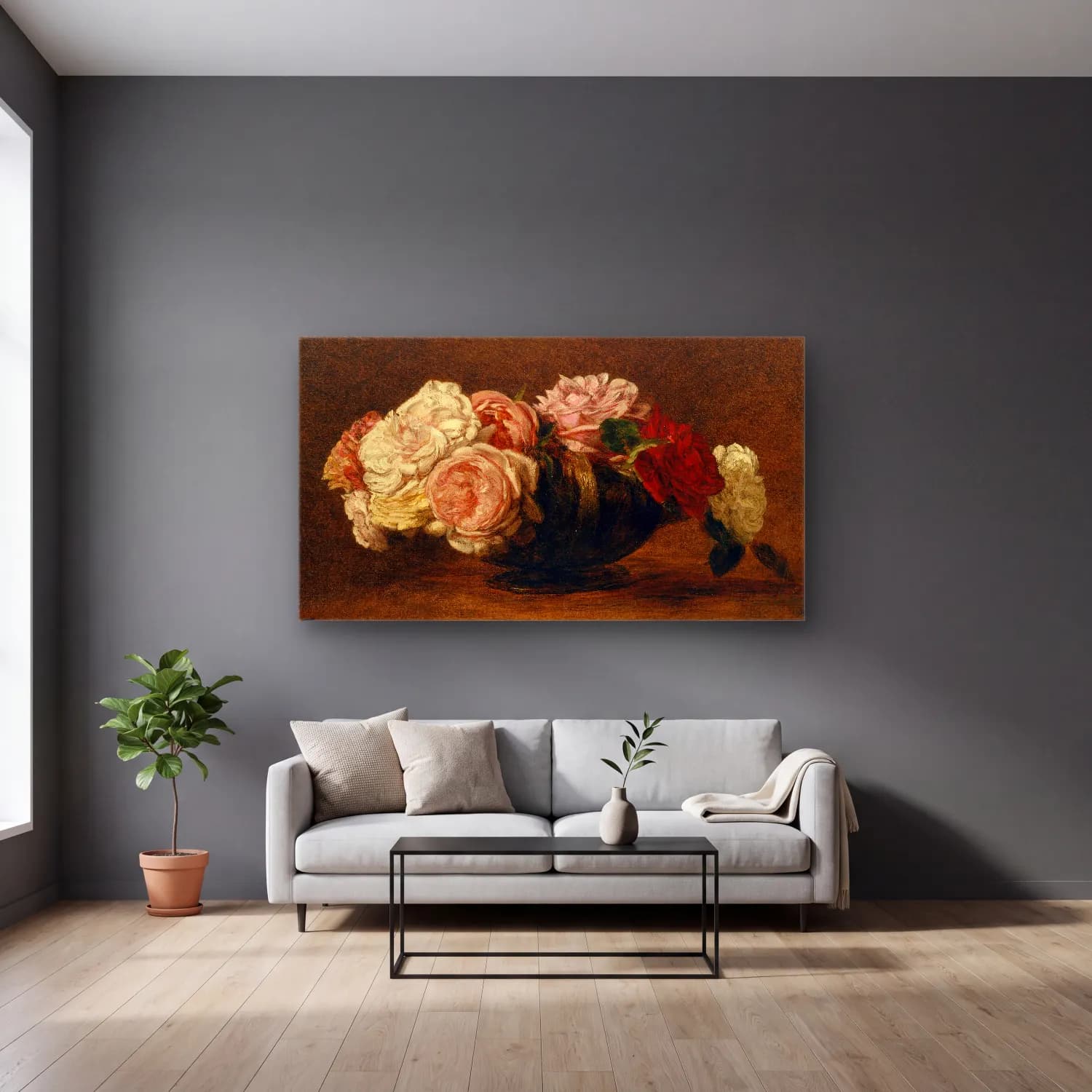 Henri Fantin-Latour – Roses in a Bowl – Pembe Tonlar cam tablo — gri duvarlı salonda