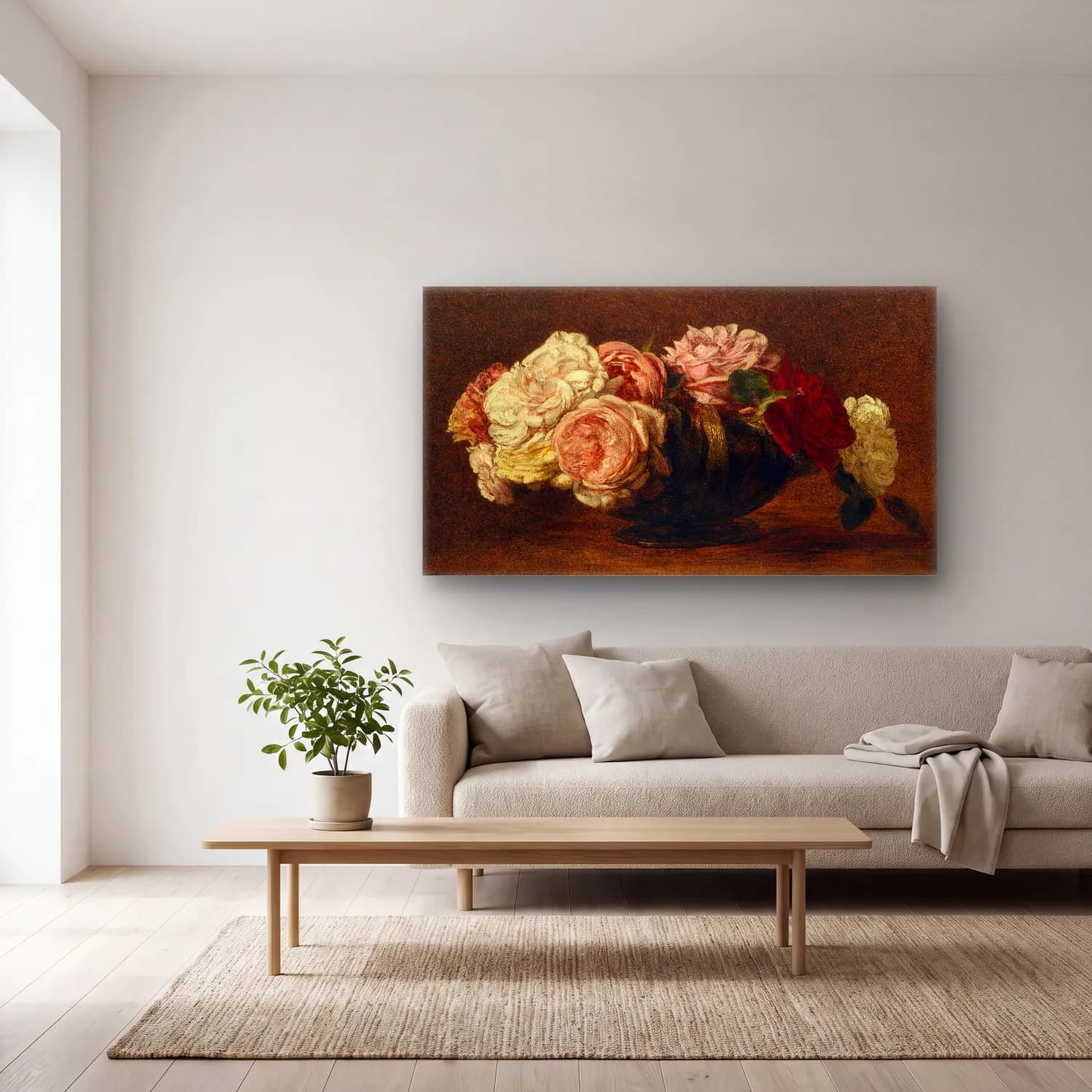 Henri Fantin-Latour – Roses in a Bowl – Pembe Tonlar cam tablo — açık renk salonda