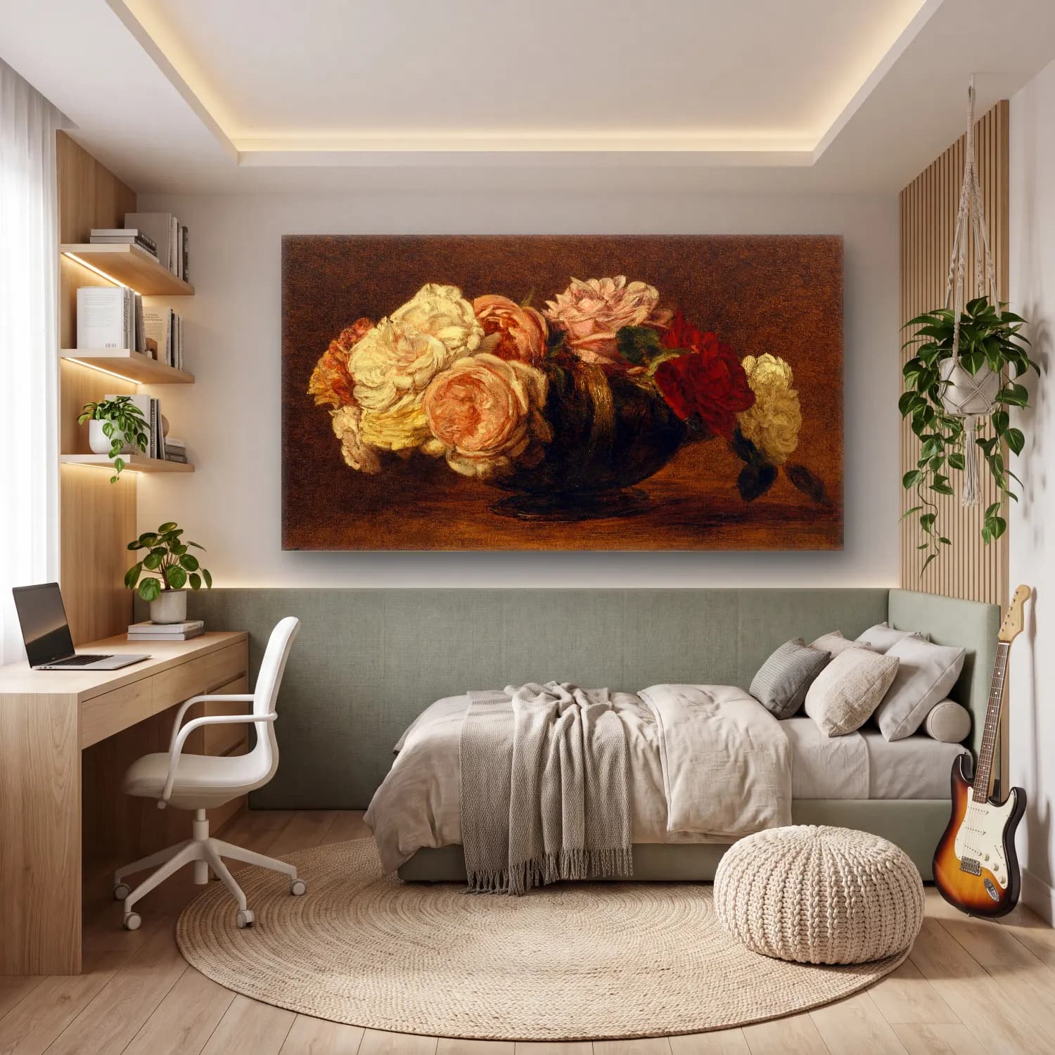 Henri Fantin-Latour – Roses in a Bowl – Pembe Tonlar cam tablo — genç odasında