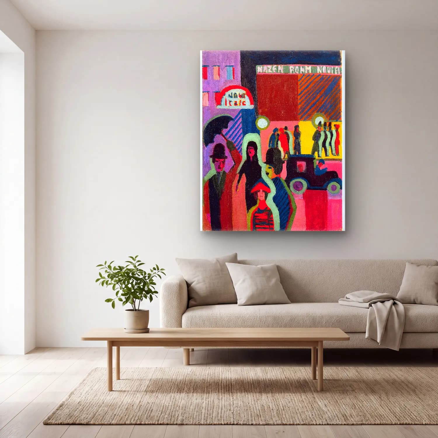 Vintage Poster Kalabalık Cadde No. 2 cam tablo — açık renk salonda