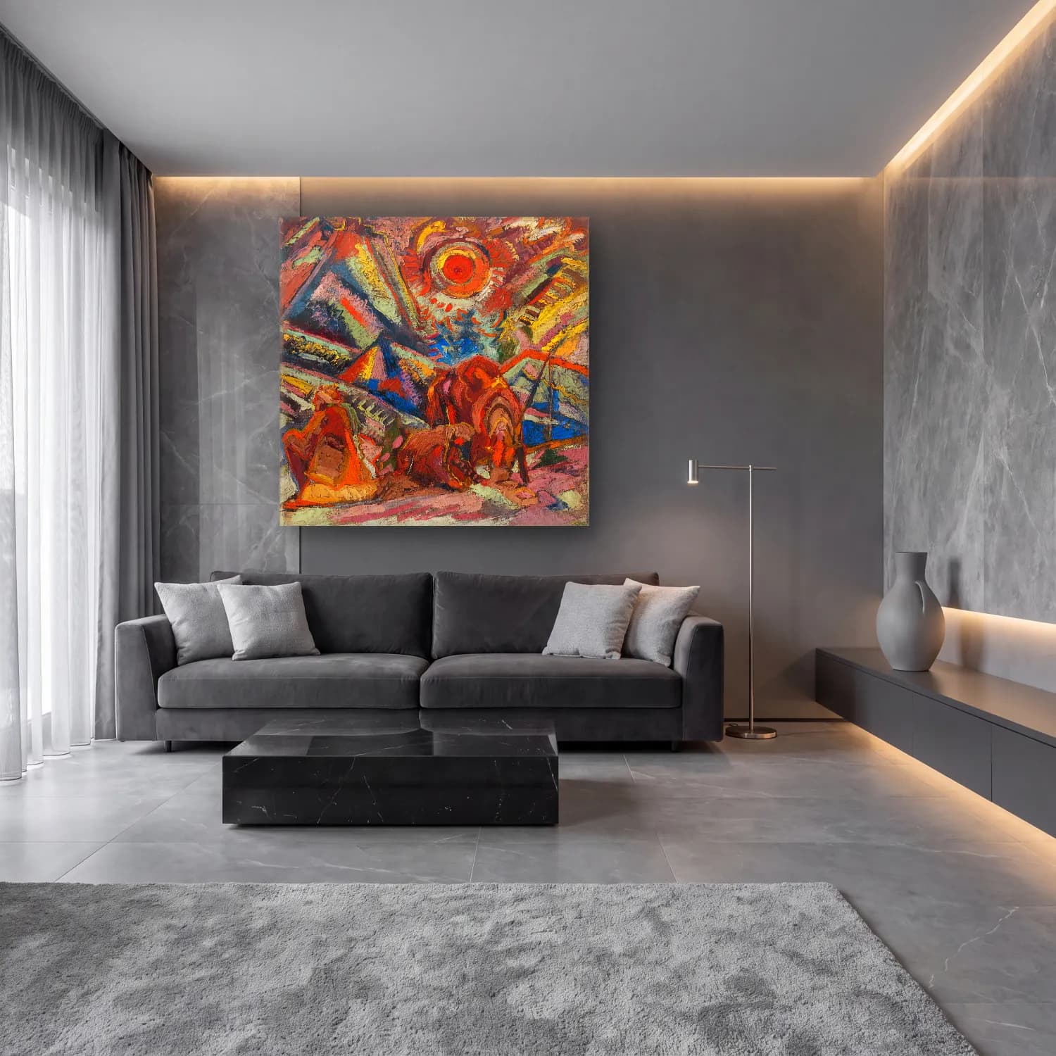 Modern Soyut Mitolojik Sahne No. 8 cam tablo — lüks salon duvarında