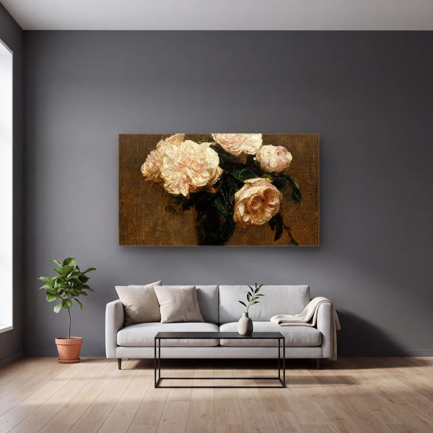 Henri Fantin-Latour – Roses in a Vase cam tablo — gri duvarlı salonda