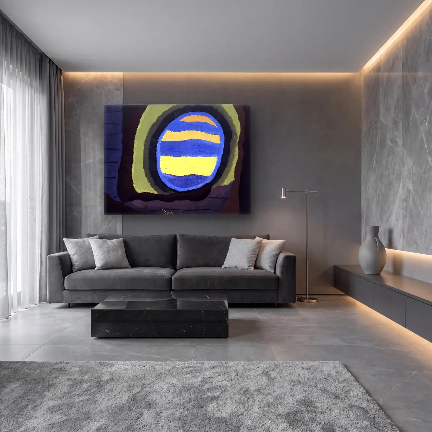 Modern Soyut Ay ve Gece – Mavi Tonlar cam tablo — lüks salon duvarında