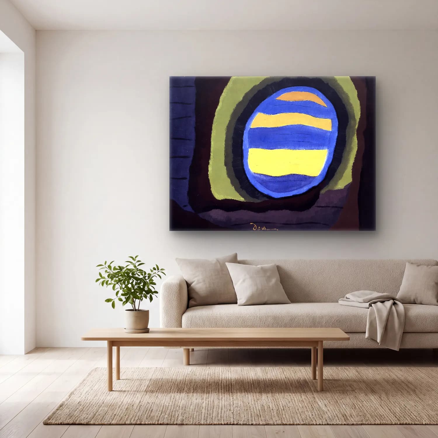 Modern Soyut Ay ve Gece – Mavi Tonlar cam tablo — açık renk salonda