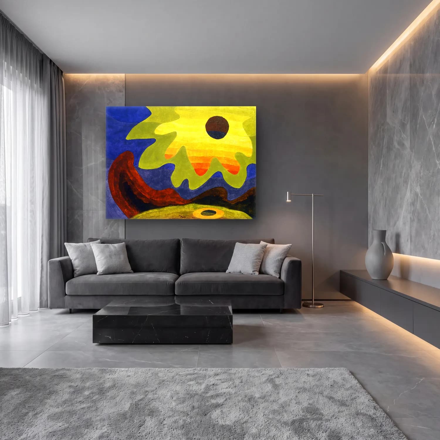 Modern Soyut Güneş ve Gökkuşağı No. 7 cam tablo — lüks salon duvarında