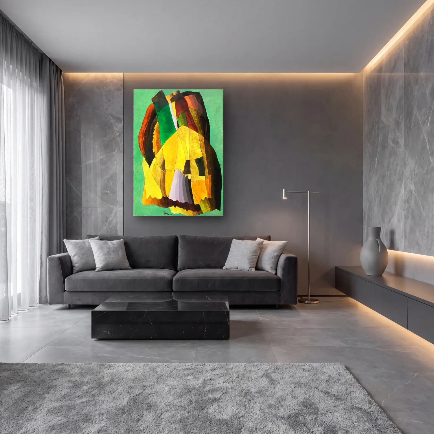 Modern Soyut Papağan cam tablo — lüks salon duvarında