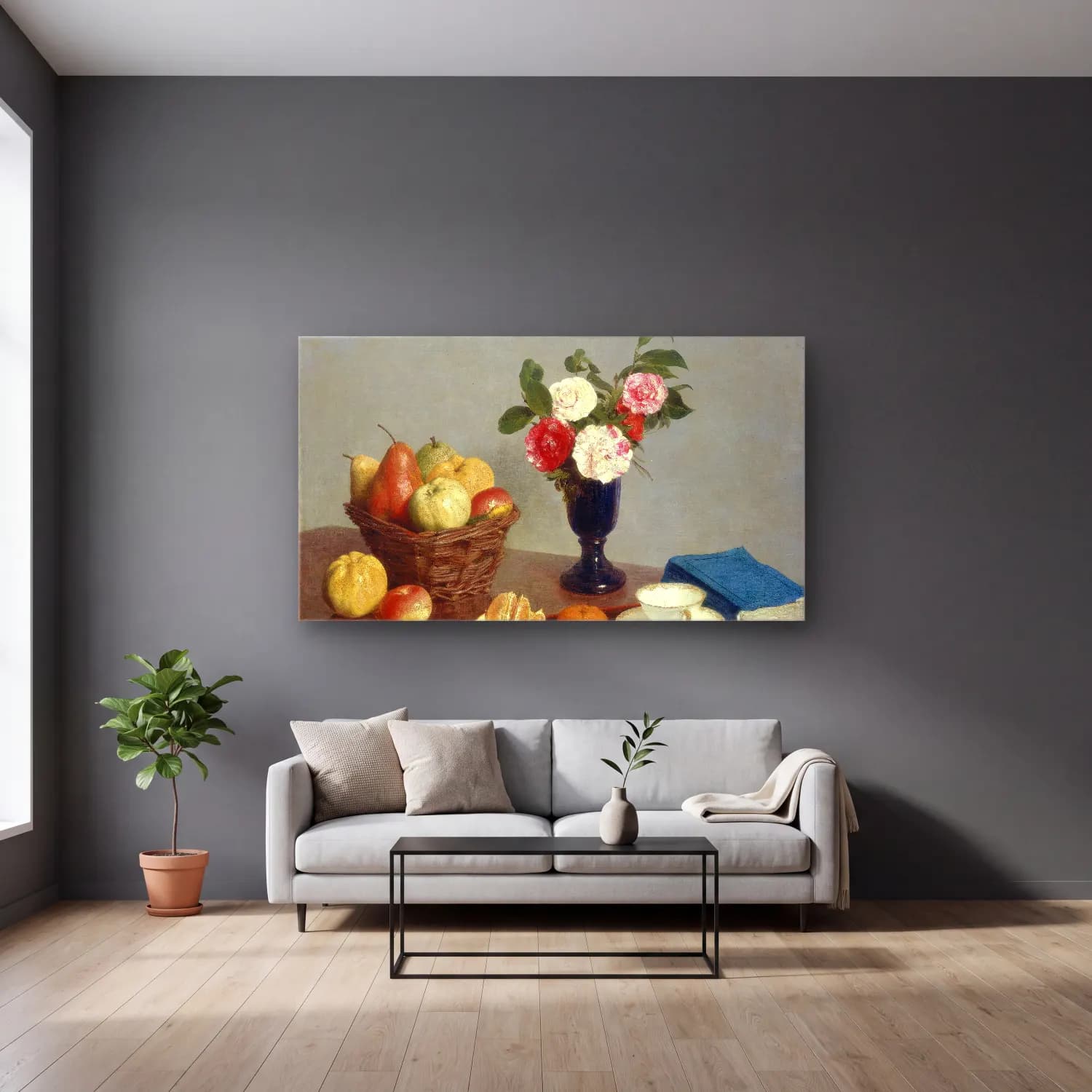 Henri Fantin-Latour – Still Life With Pansies cam tablo — gri duvarlı salonda