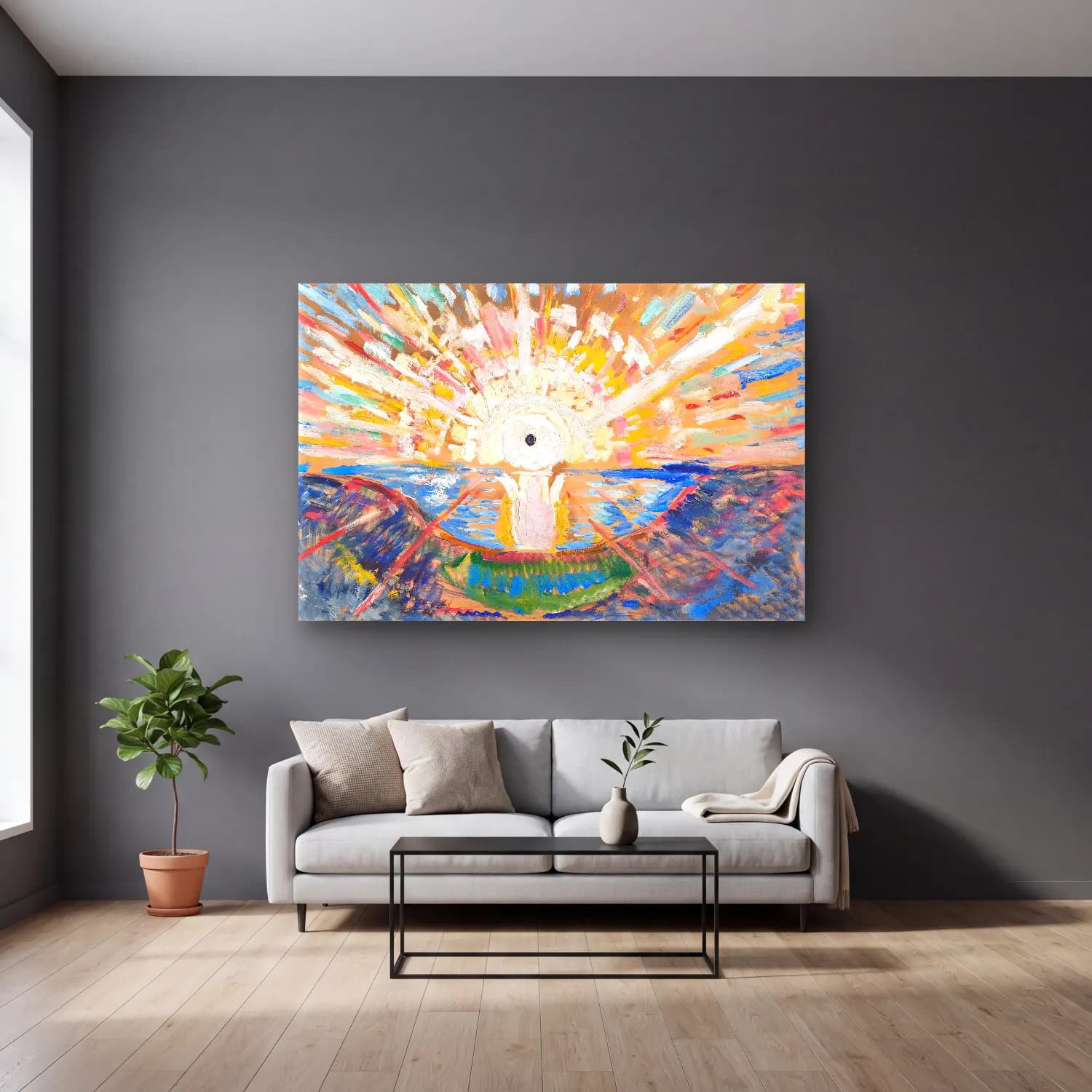 Edvard Munch – The Sun oil painting cam tablo — gri duvarlı salonda