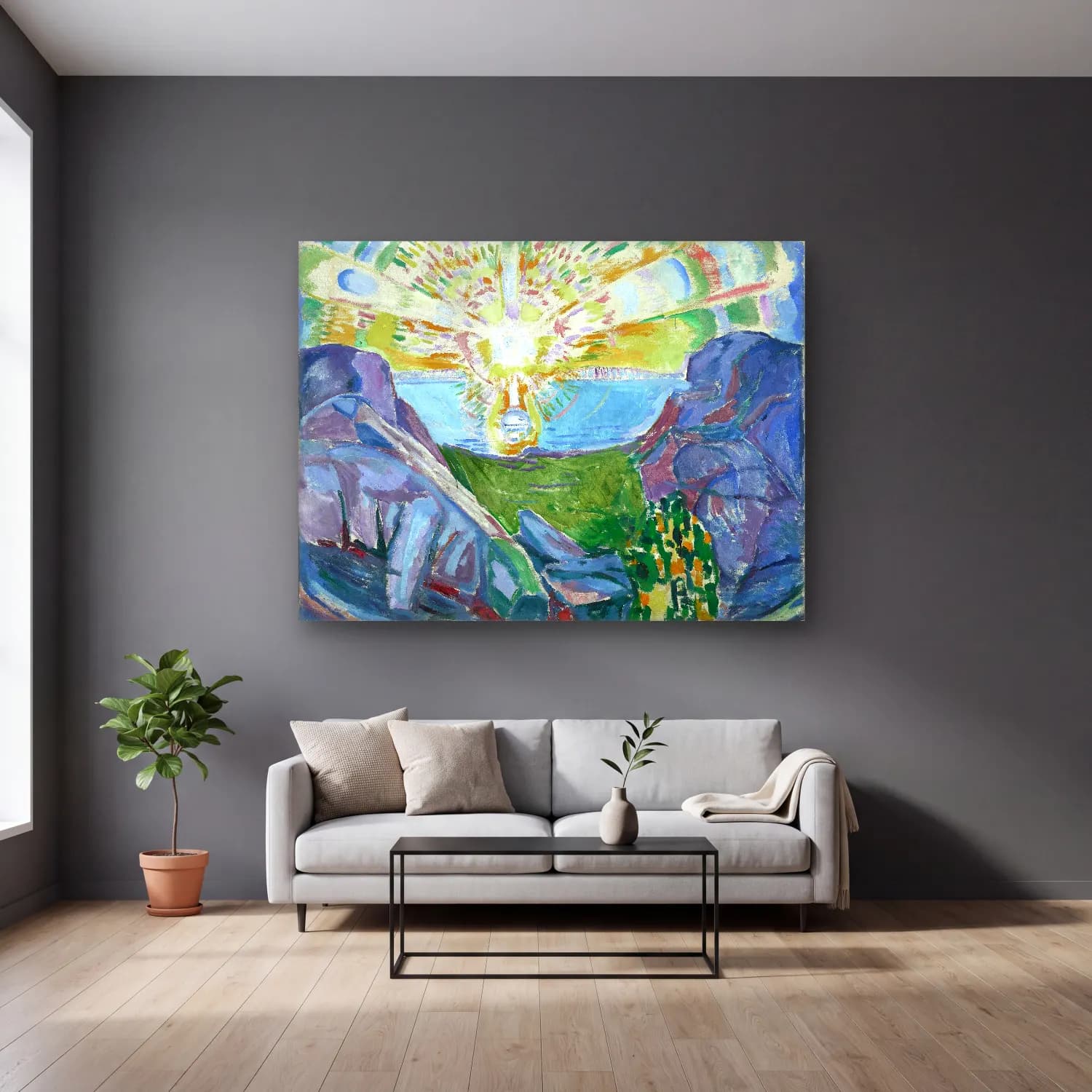 Edvard Munch – The Sun oil painting art cam tablo — gri duvarlı salonda
