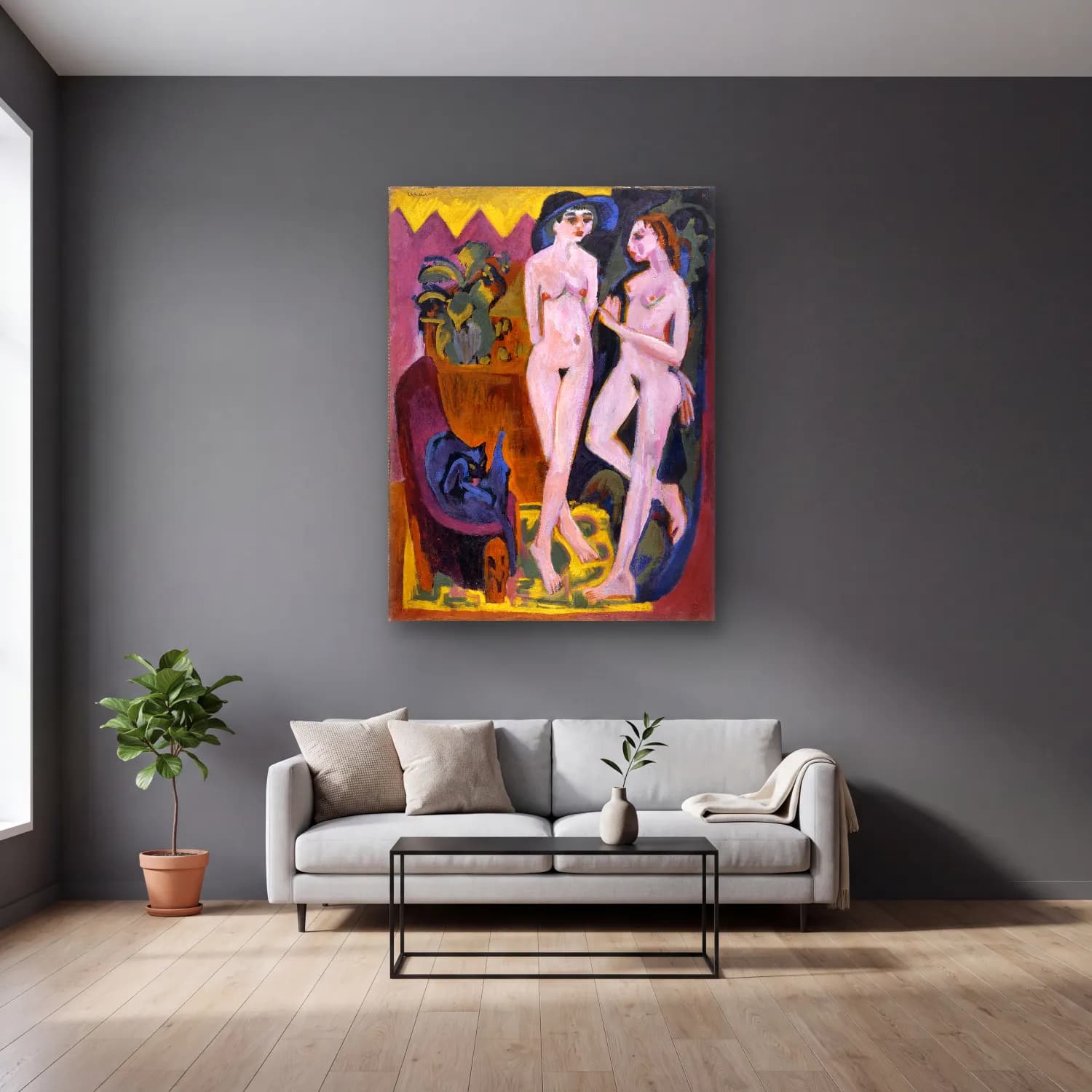 Ludwig Kirchner – Two Nudes in a Room Ernst cam tablo — gri duvarlı salonda
